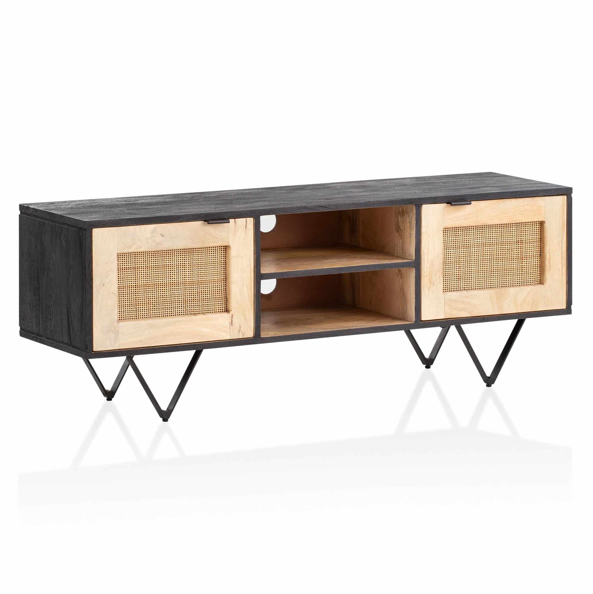 Lowboard Mango Massivholz / Rattan 120x44x35 cm TV-Kommode mit zwei Türen Lowboard Mango Massivholz / Rattan 120x44x35 cm TV-Kommode mit zwei Türen