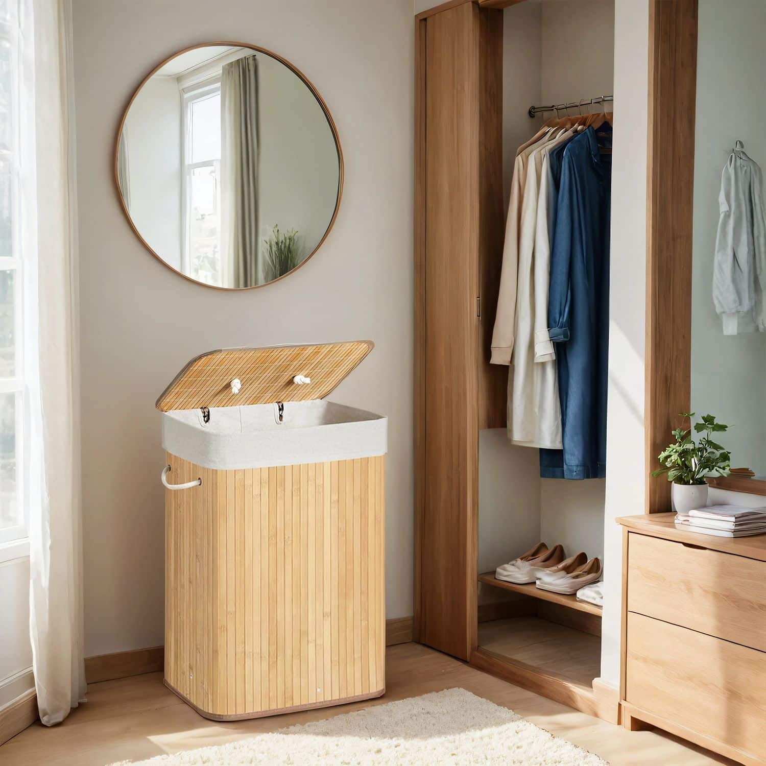 Wäschekorb mit Deckel, 72 L, Wäschesammler aus Bambus Wäschekorb mit Deckel, 72 L, Wäschesammler aus Bambus