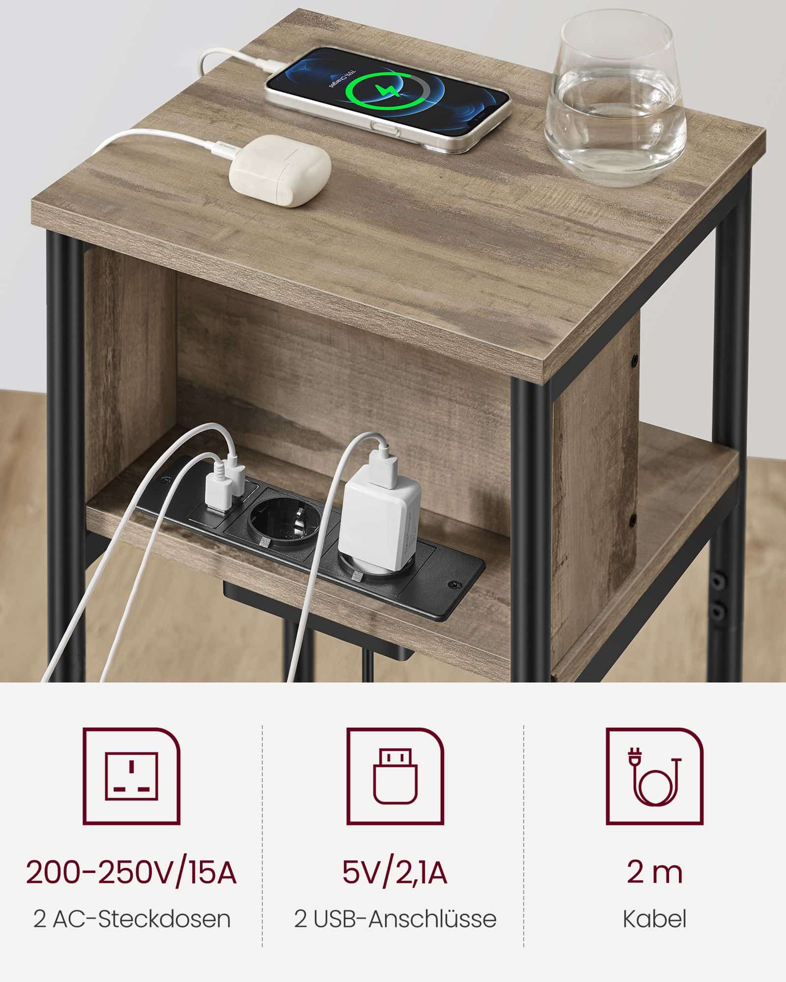 Beistelltisch mit Steckdose haselnussbraun-schwarz Beistelltisch mit Steckdose haselnussbraun-schwarz