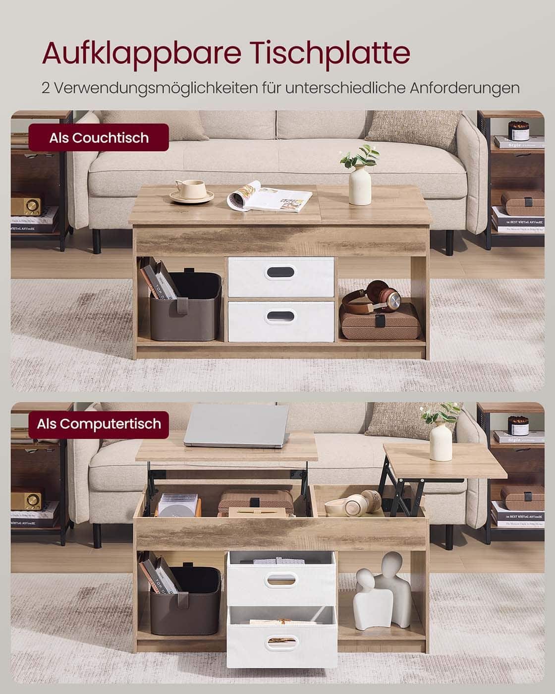 Couchtisch mit 2 Schubladen und Fächern