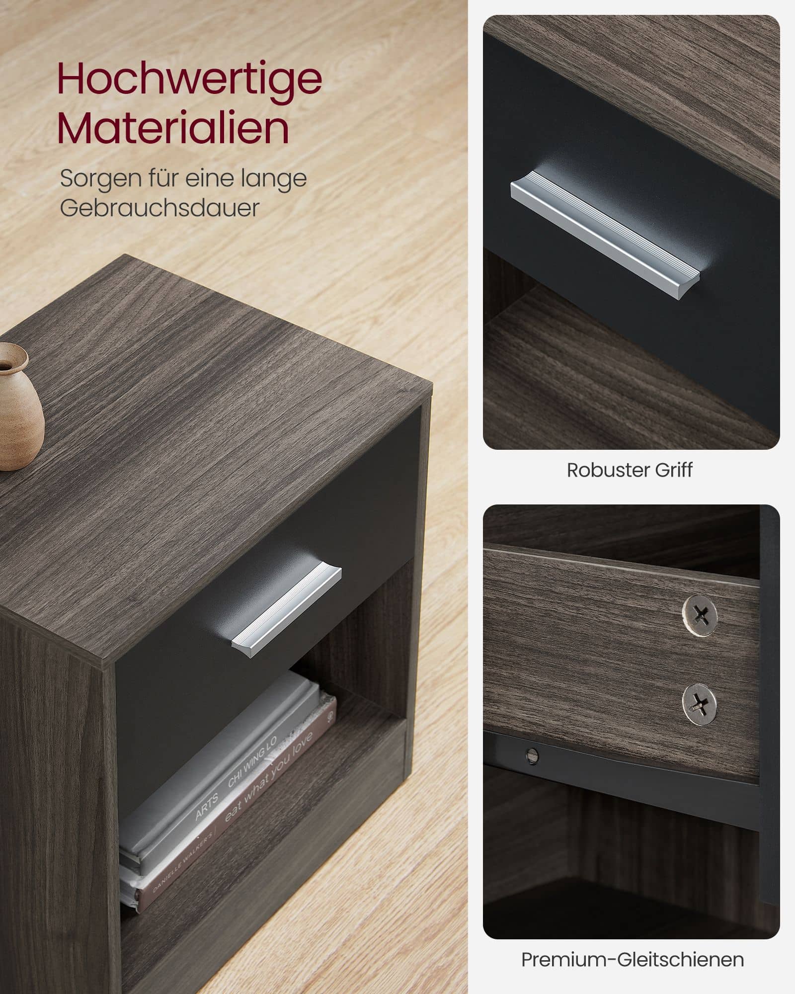 Beistelltisch mit Schublade für Schlafzimmer kastanienbraun-tintenschwarz