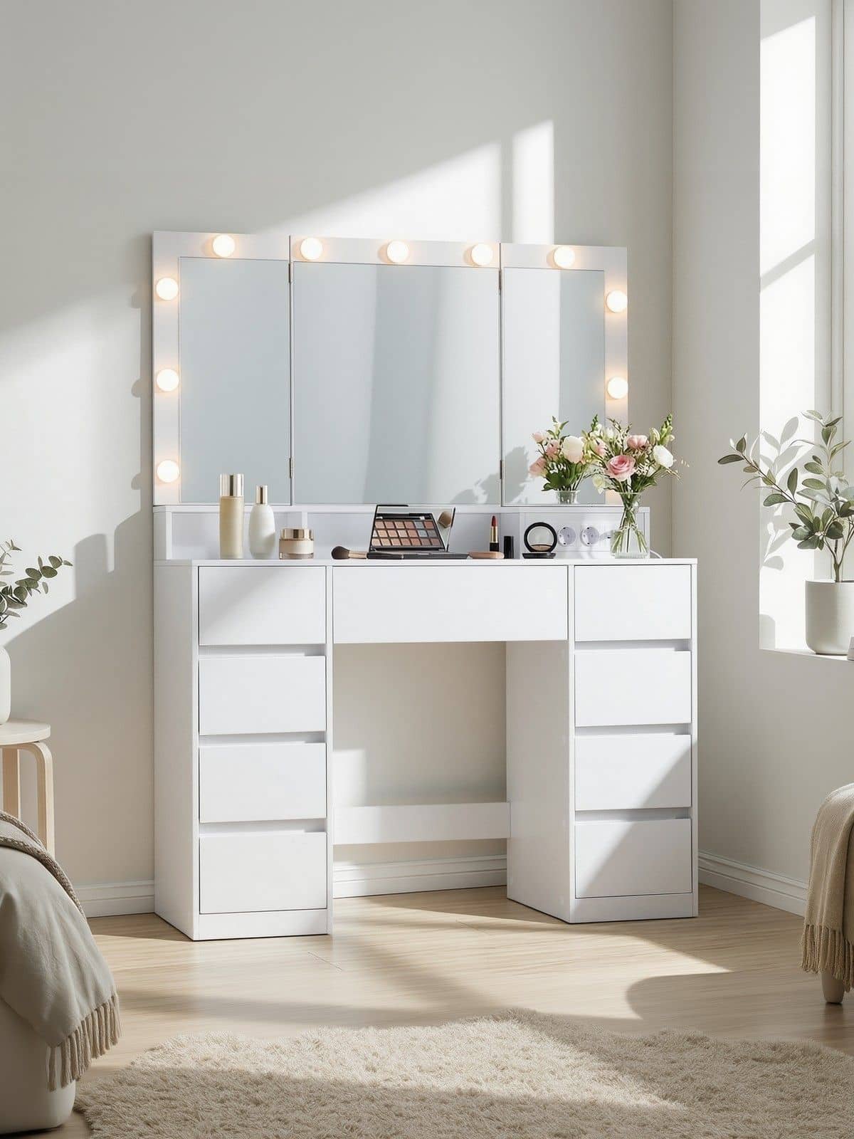 Schminktisch mit LED-Beleuchtung, Frisiertisch mit Klappspiegel, Schubladen