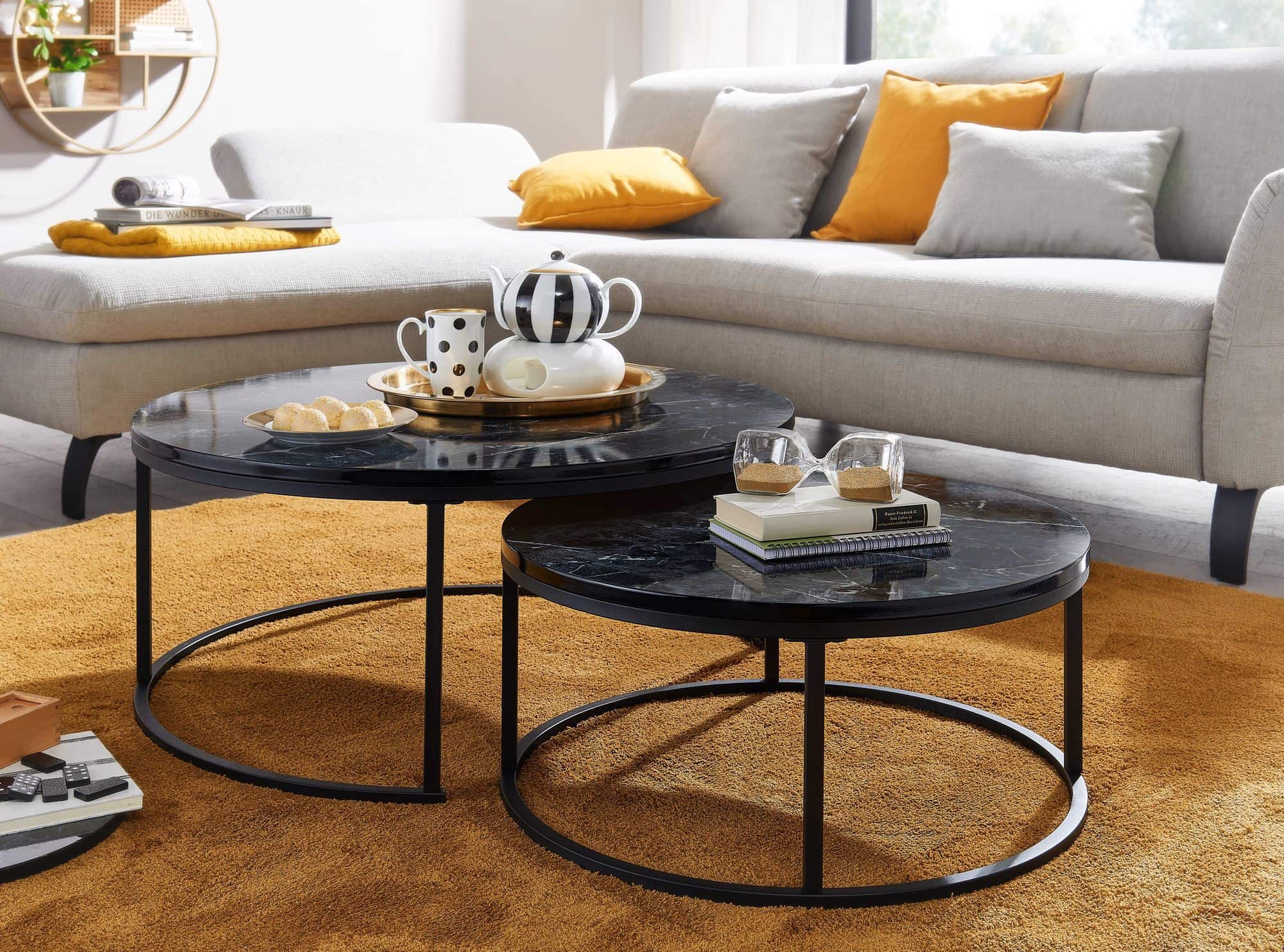 Couchtisch 2er Set Schwarz Marmor Optik Sofatisch Rund Modern