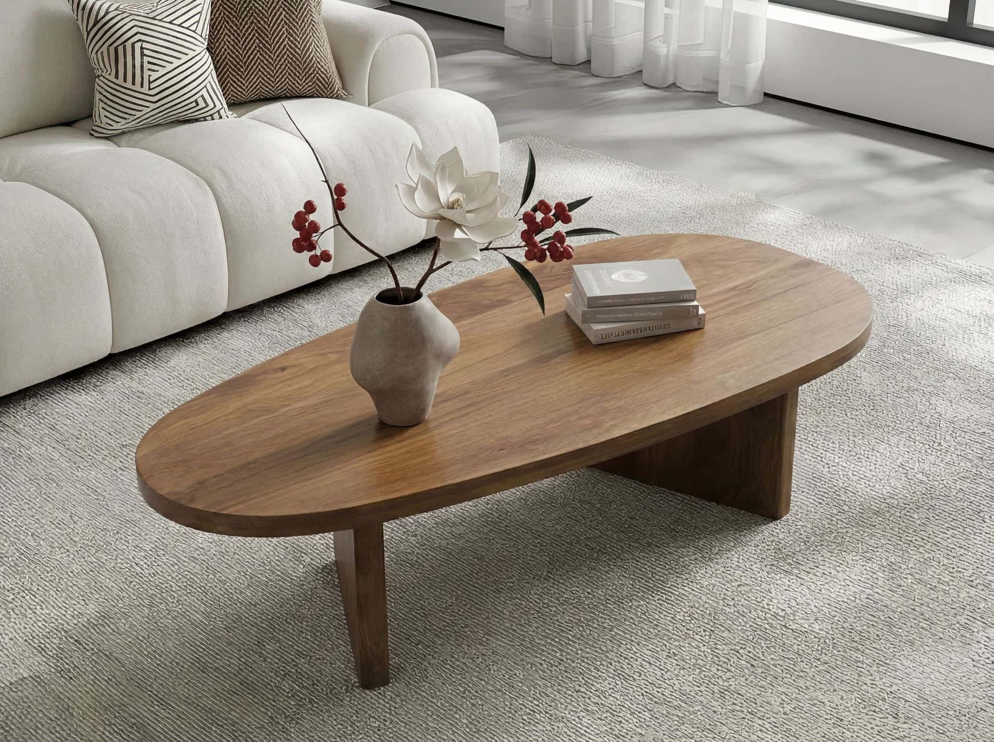 Couchtisch Mango Massivholz oval 120cm - Handgefertigter Wohnzimmertisch im modernen Design mit abgerundeter Form - Flacher Beistelltisch Sofatisch aus Echtholz Handmade