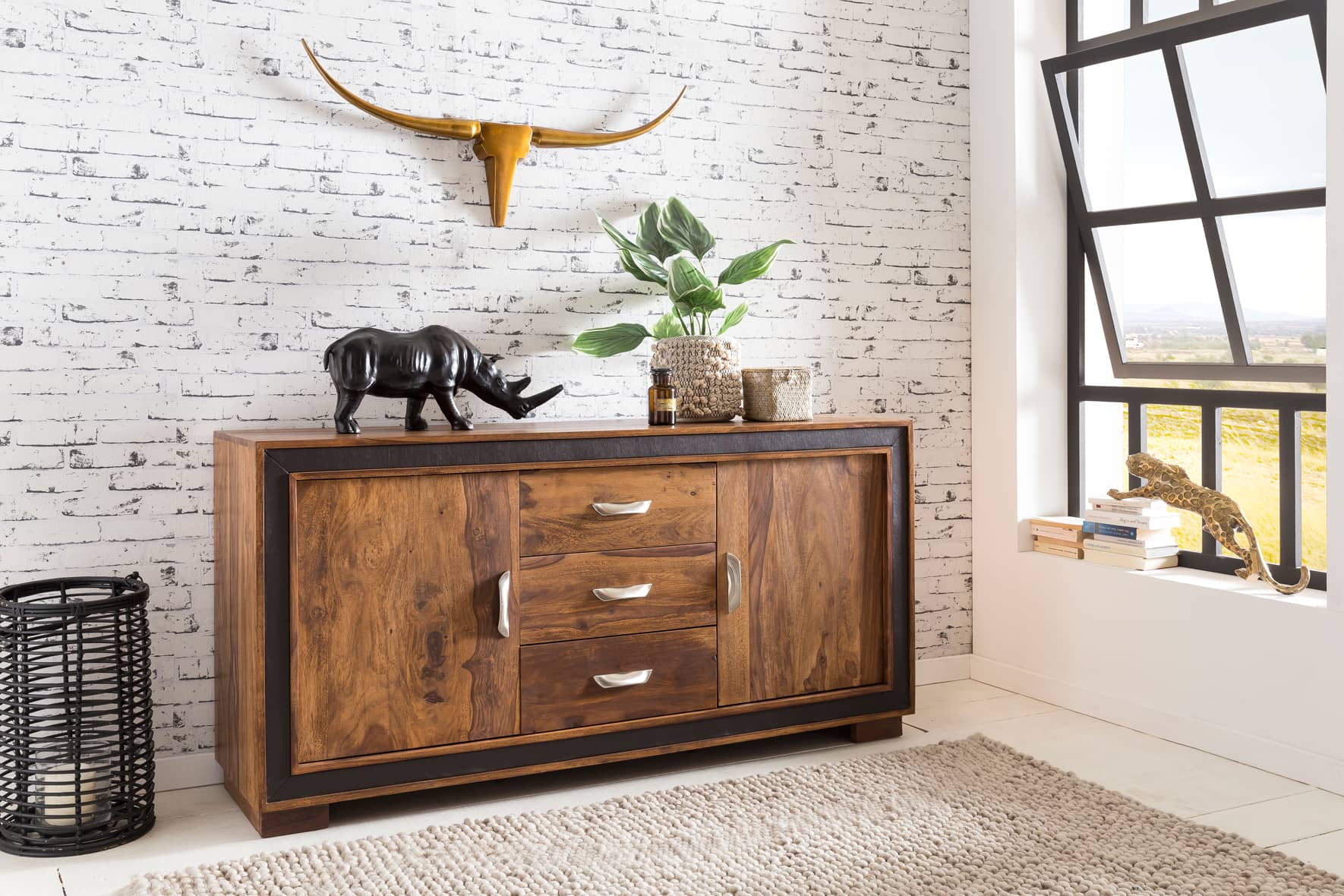 44743-WOHNLING-Sideboard-Sheesham-mit-Kunstleder-br Design Sideboard Sheesham Massivholz mit Kunstleder 160x44x80 cm