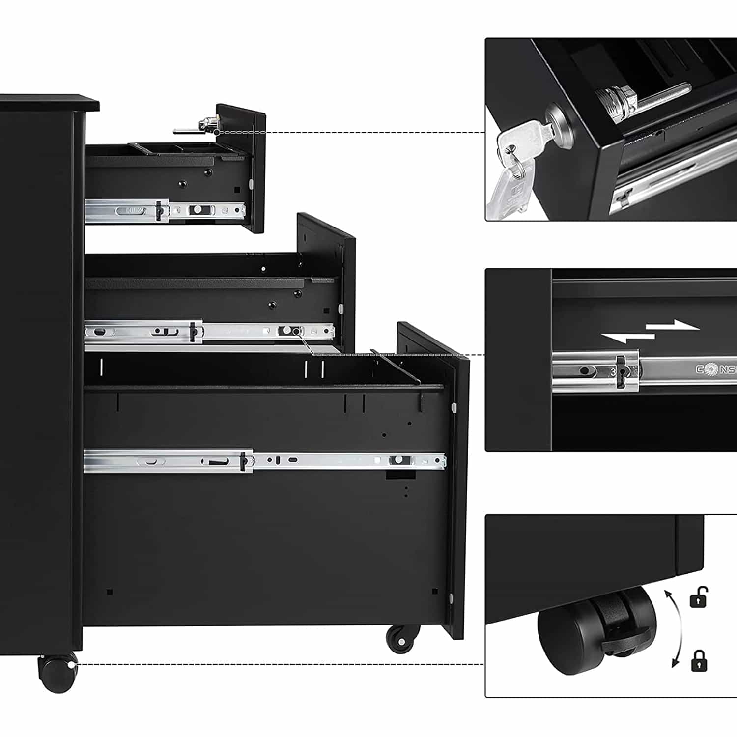 Rollcontainer mit Rollen und Schloss schwarz-B34OFC031B01 Rollcontainer mit Rollen und Schloss schwarz-B34OFC031B01