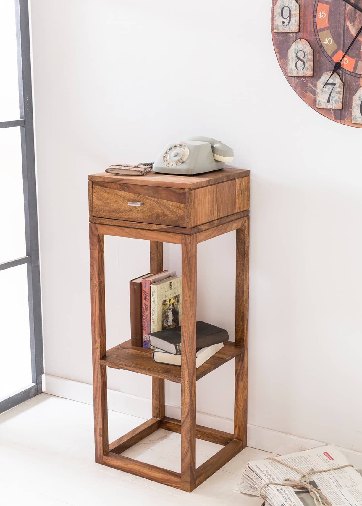 Beistelltisch MUMBAI Massivholz Sheesham Anstelltisch Telefontisch mit Schublade 35 x 35 x 90 cm Beistelltisch MUMBAI Massivholz Sheesham Anstelltisch Telefontisch mit Schublade 35 x 35 x 90 cm