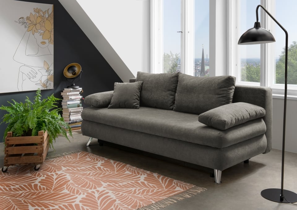 Benformato_Altona_2FBK_3602_F06-1 Modernes Sofa Altona: Schlaffunktion & Bettkasten in Mikrofaser Mango Grau-Braun