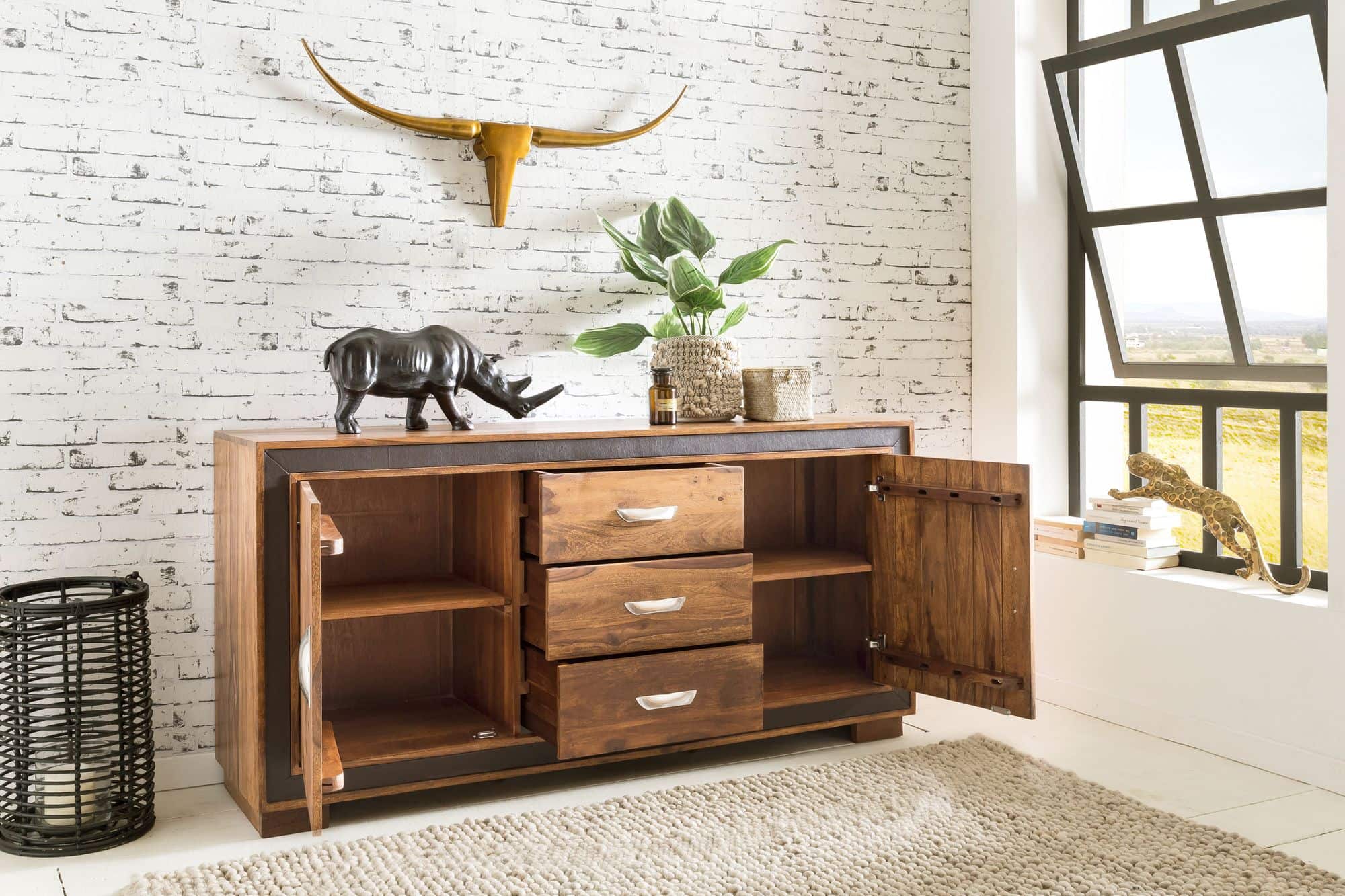 44743-WOHNLING-Sideboard-KARAN-Sheesham-mit-Kunstle Design Sideboard Sheesham Massivholz mit Kunstleder 160x44x80 cm