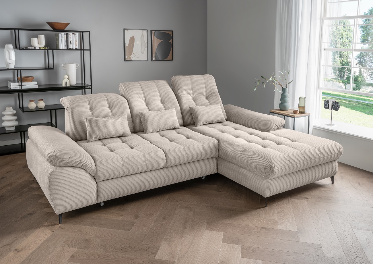 Das Ecksofa Modell Delphino in Cord  – Schlaffunktion und Bettkasten inklusive