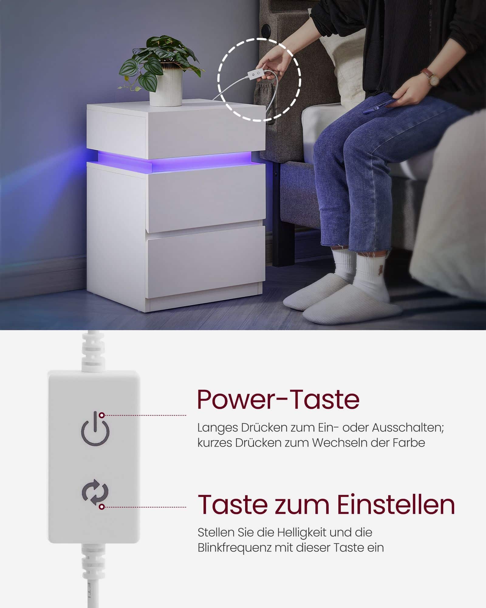 Nachttisch mit LED-Beleuchtung, Beistelltisch, einstellbare Farben Nachttisch mit LED-Beleuchtung, Beistelltisch, einstellbare Farben