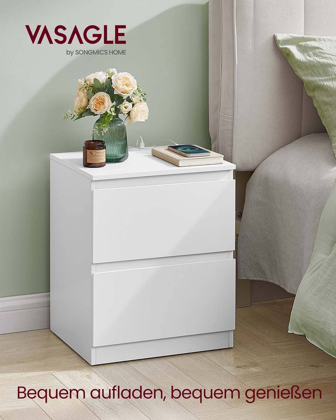 Nachttisch 2er Set mit Steckdosen und Schubladen wolkenweiß Nachttisch 2er Set mit Steckdosen und Schubladen wolkenweiß