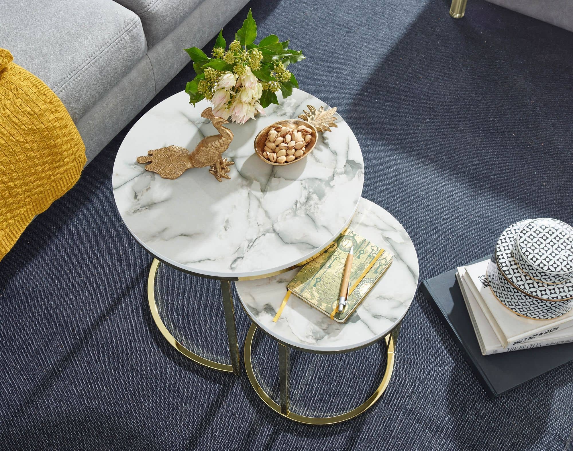 Design Beistelltisch 2er Set Weiß Marmor Optik Rund