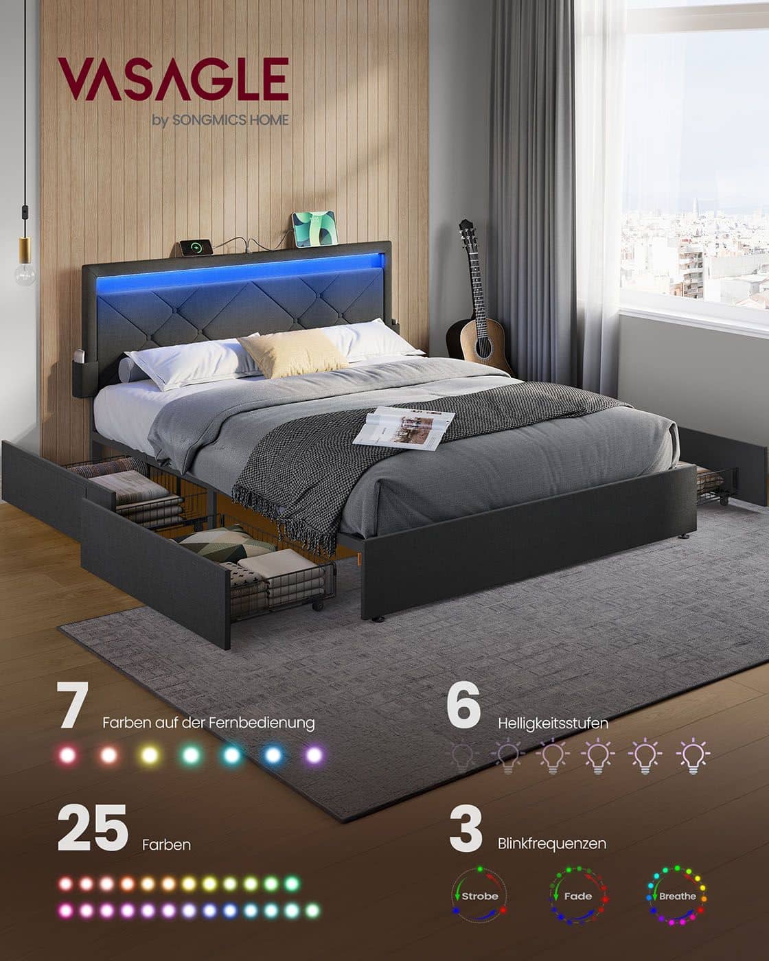 Doppelbettgestell 160 x 200 cm mit LED und 4 Schubladen und Ladestation