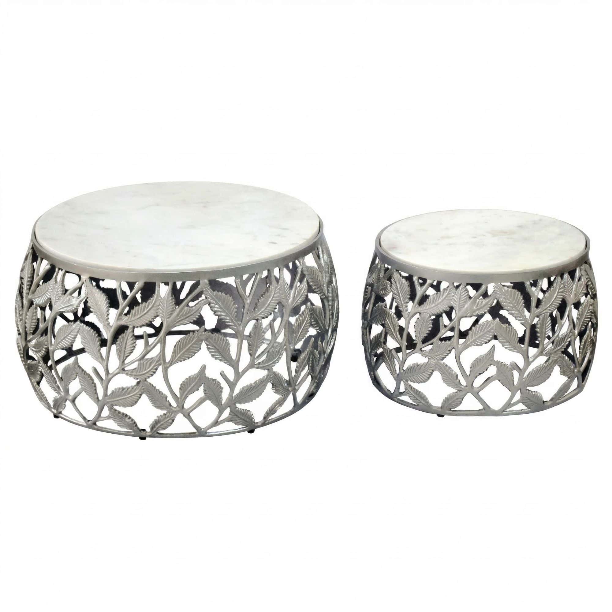 2er Set Couchtisch Silber mit weißer Marmor Tischplatte - Wohnzimmer Tisch Satztisch rund - Beistelltisch Alu modern - Sofatisch Set Aluminium Metallgestell Design Handmade 2er Set Couchtisch Silber mit weißer Marmor Tischplatte - Wohnzimmer Tisch Satztisch rund - Beistelltisch Alu modern - Sofatisch Set Aluminium Metallgestell Design Handmade