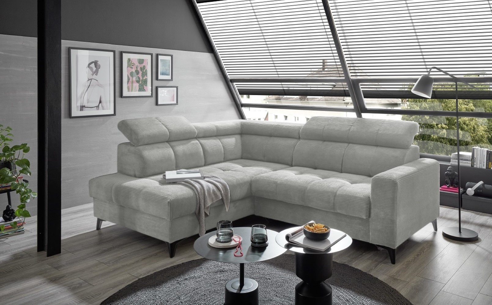 Ecksofa Bavaro elektronischer Sitztiefenverstellung und Breitcord-Bezug Ed Exciting Design