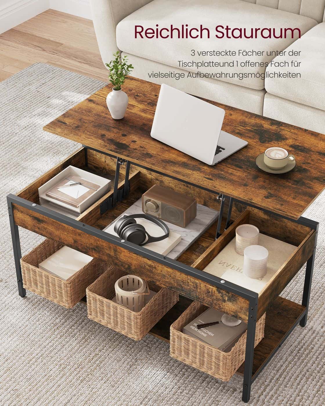 Couchtisch höhenverstellbar 50 × 100 cm mit Fach vintagebraun-tintenschwarz