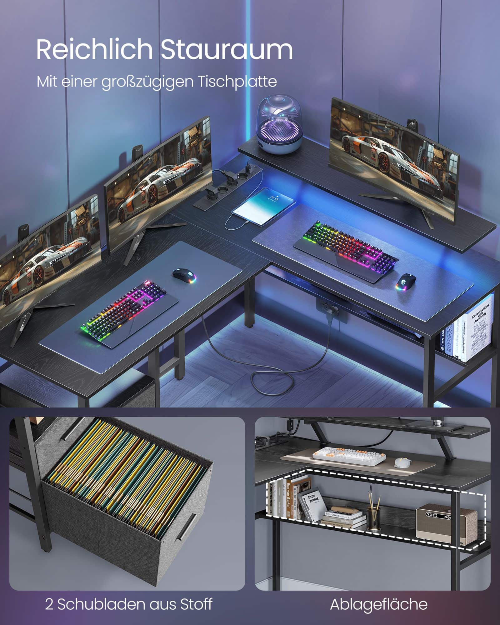 L-förmiger Schreibtisch mit Steckdosen ebenholzschwarz L-förmiger Schreibtisch mit Steckdosen ebenholzschwarz