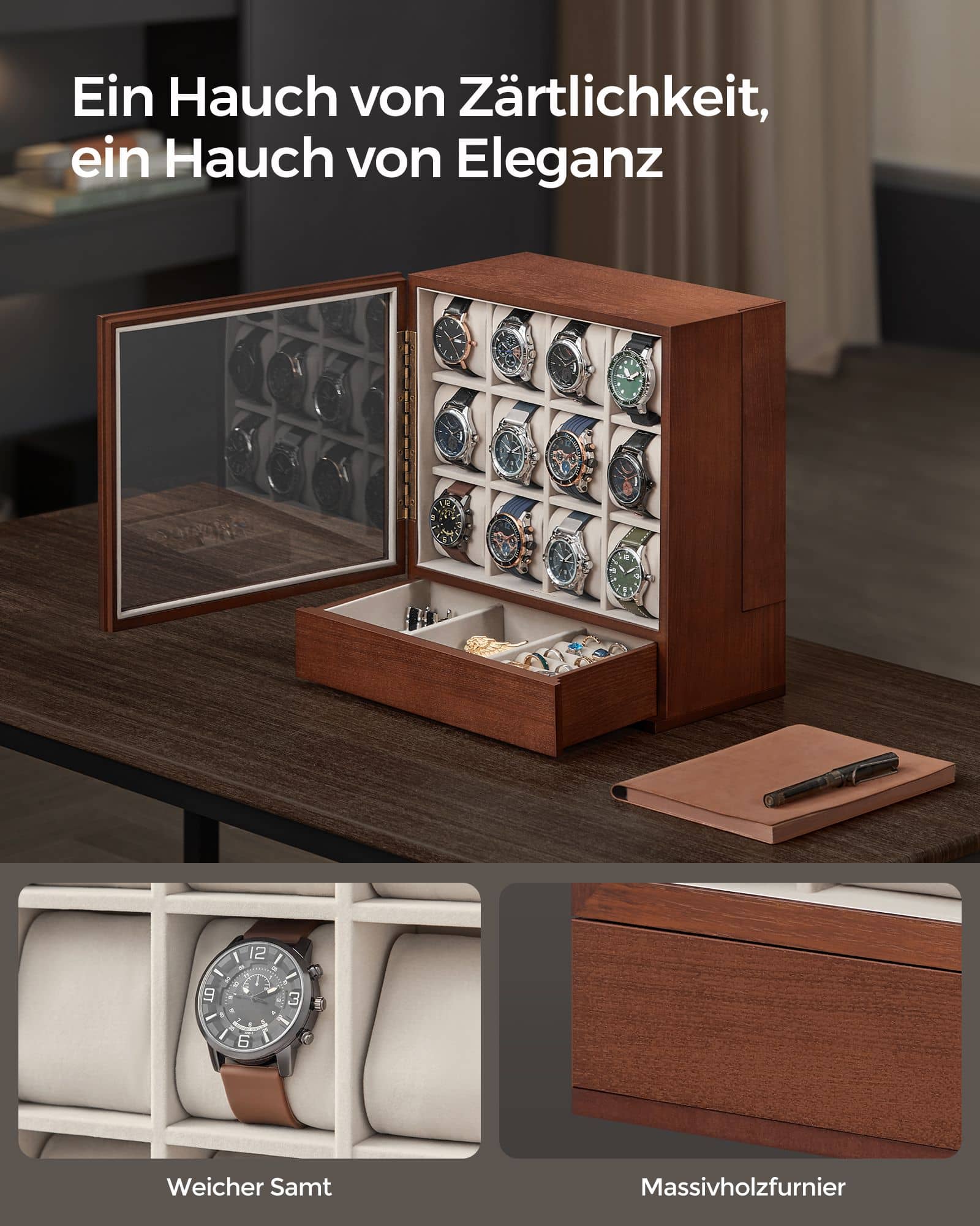 Uhrenbox 12 Fächer mit Fenster Geschenkidee kaffeebraun Uhrenbox 12 Fächer mit Fenster Geschenkidee kaffeebraun