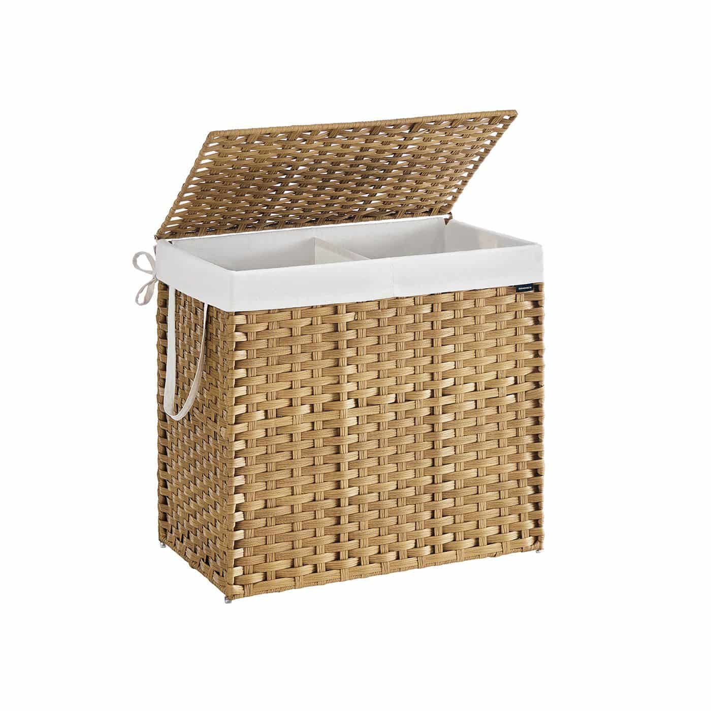 Wäschekorb aus synthetischem Rattan mit 2 Fächern naturfarben Wäschekorb aus synthetischem Rattan mit 2 Fächern naturfarben