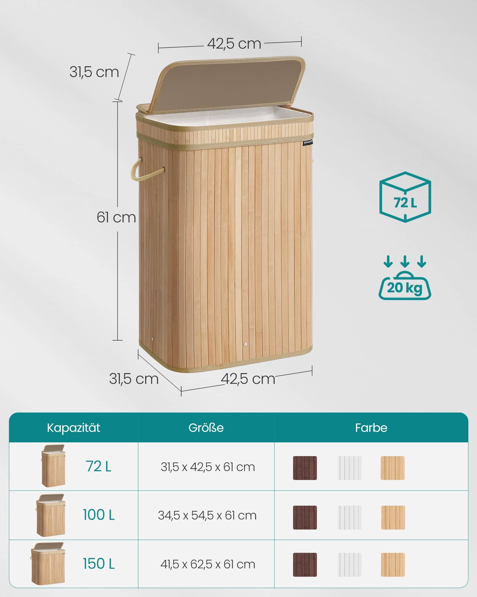Wäschekorb mit Deckel aus Bambus 72 Liter naturbeige Wäschekorb mit Deckel aus Bambus 72 Liter naturbeige