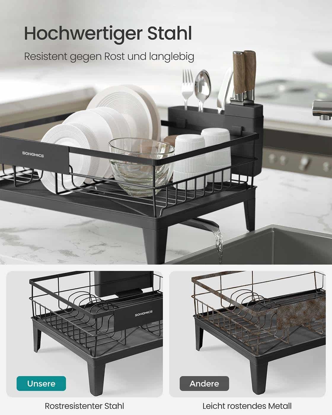 Geschirr-Abtropfgestell mit Auffangschale und Besteckhalter tintenschwarz