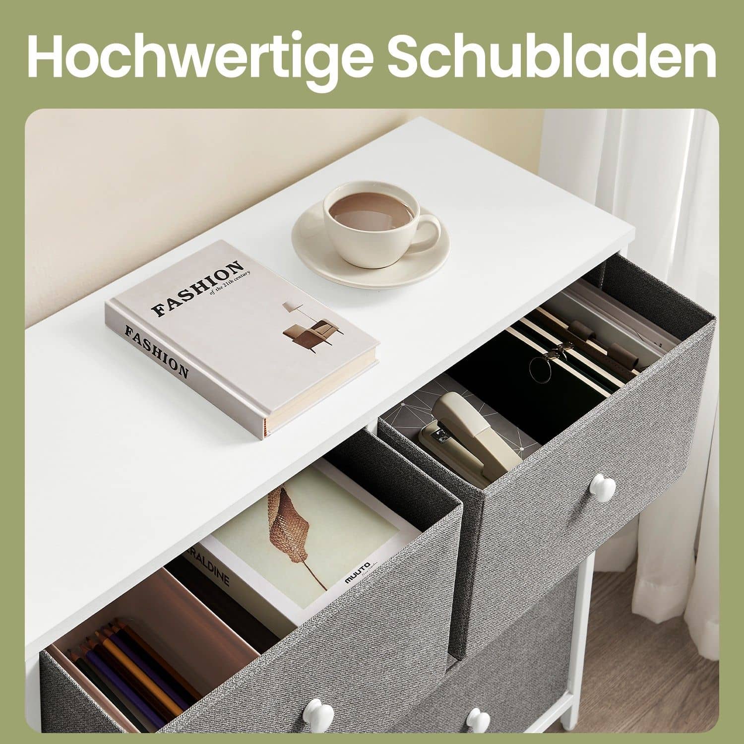 Kommode, Schrank, 6 Stoff-Schubladen