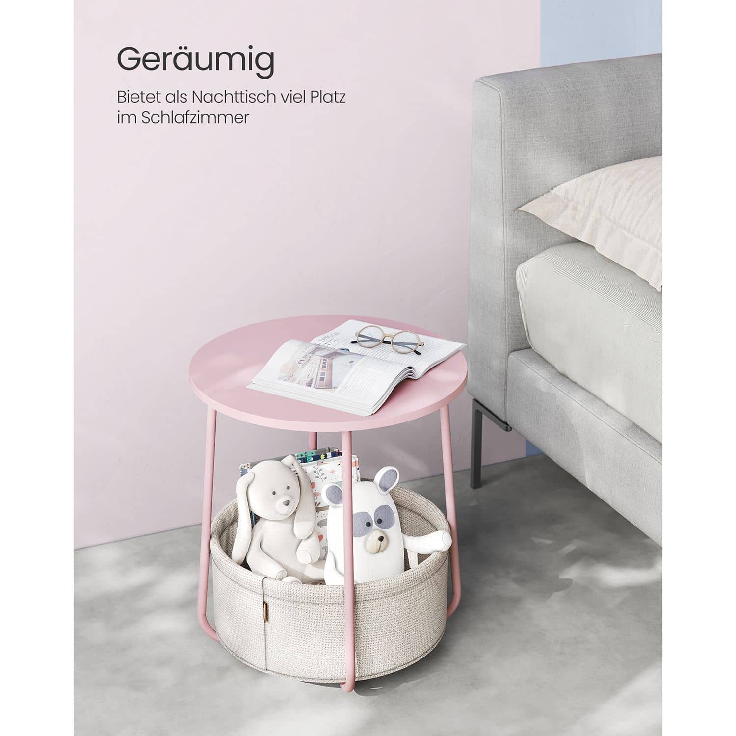 Runder Beistelltisch mit Korb aus Stoff pastellrosa-wolkenweiß