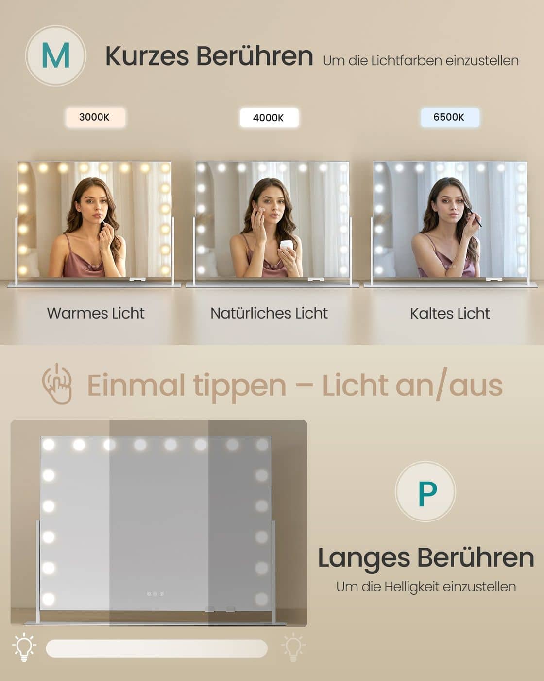 Schminkspiegel mit Beleuchtung und 18 LED-Glühbirnen mattweiß