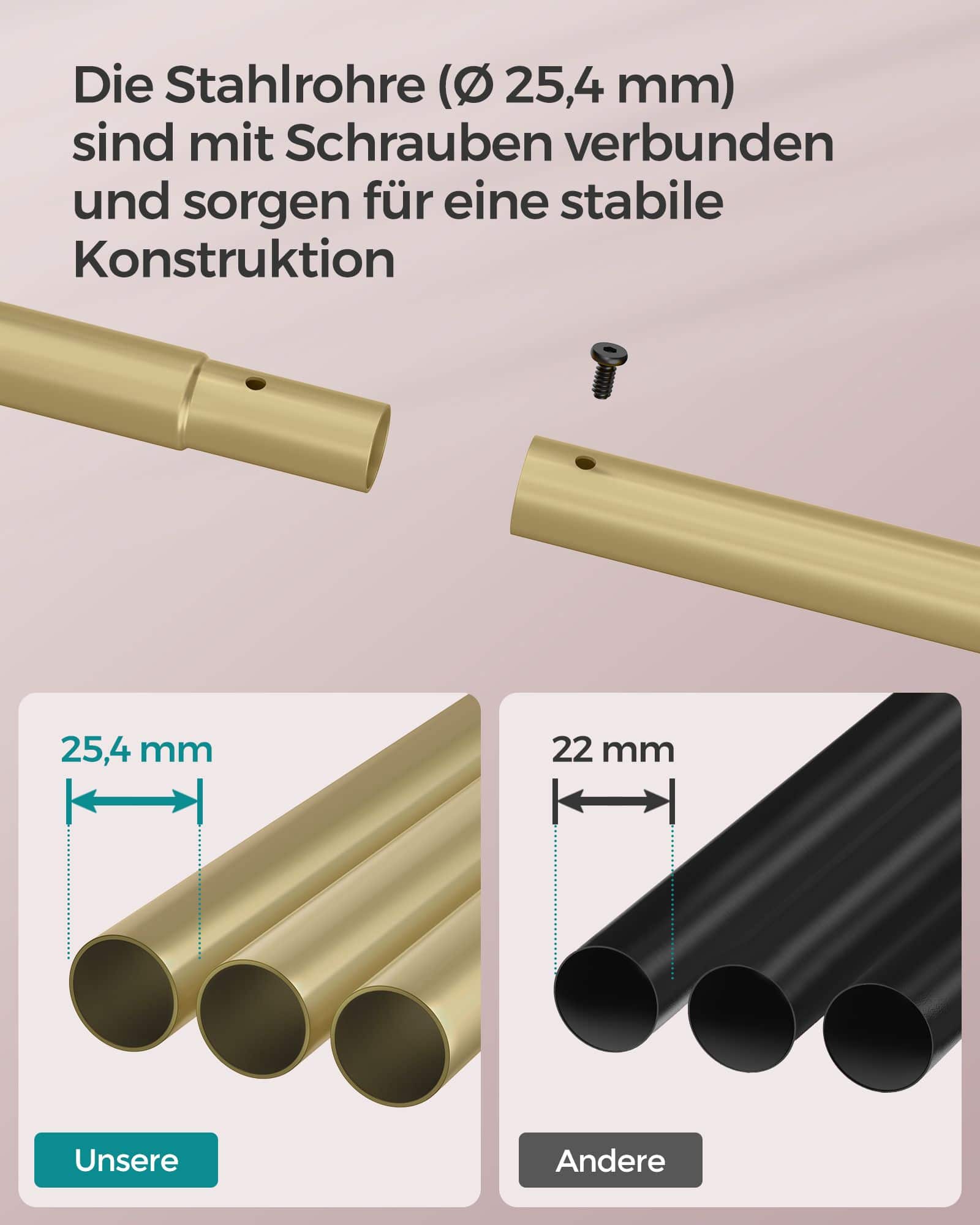 Kleiderstange auf Rollen mit Ablage goldfarben