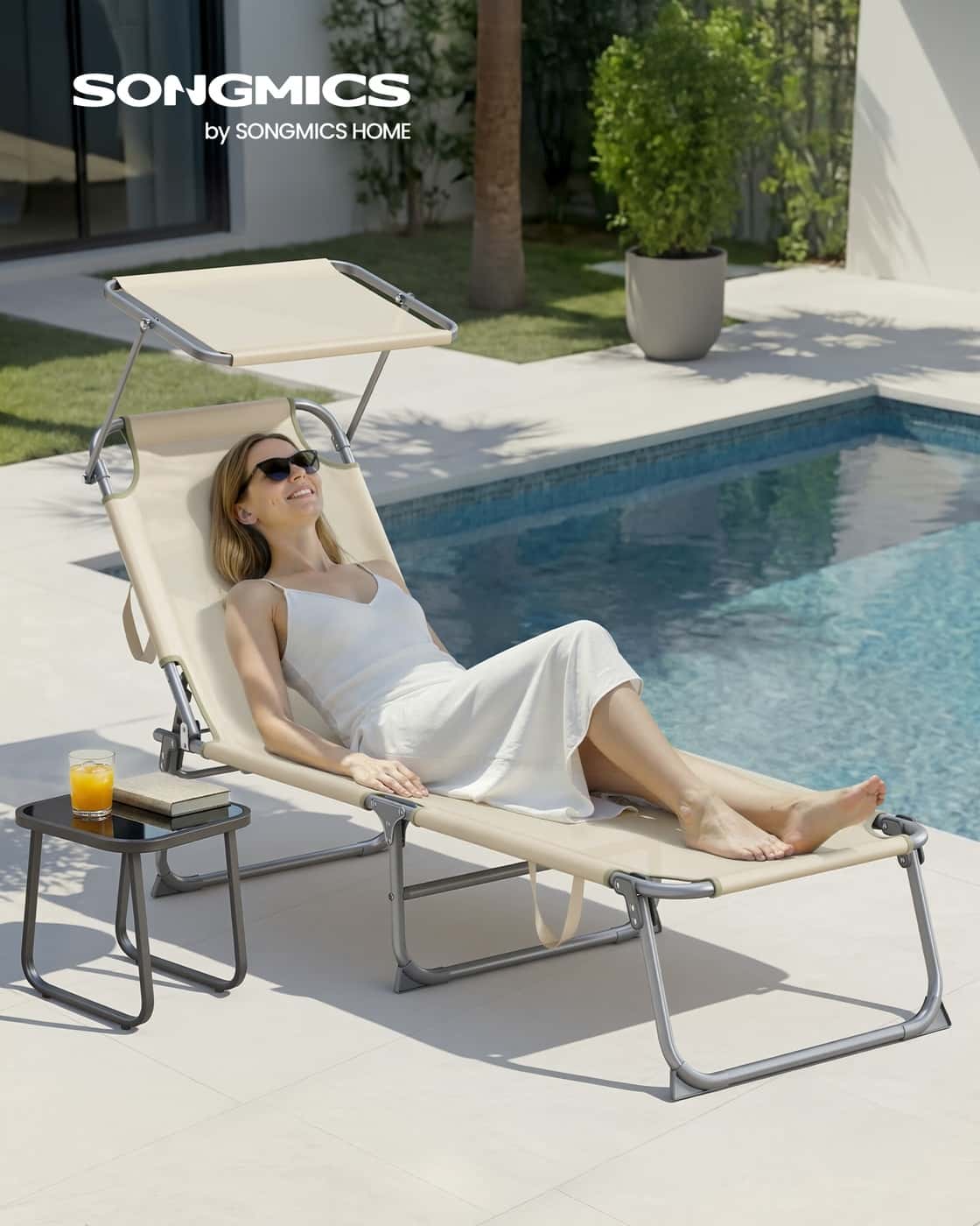 189 x 53 x 28,5 cm Klappbare Sonnenliege mit verstellbarer Rückenlehne und Blende beige 189 x 53 x 28,5 cm Klappbare Sonnenliege mit verstellbarer Rückenlehne und Blende beige