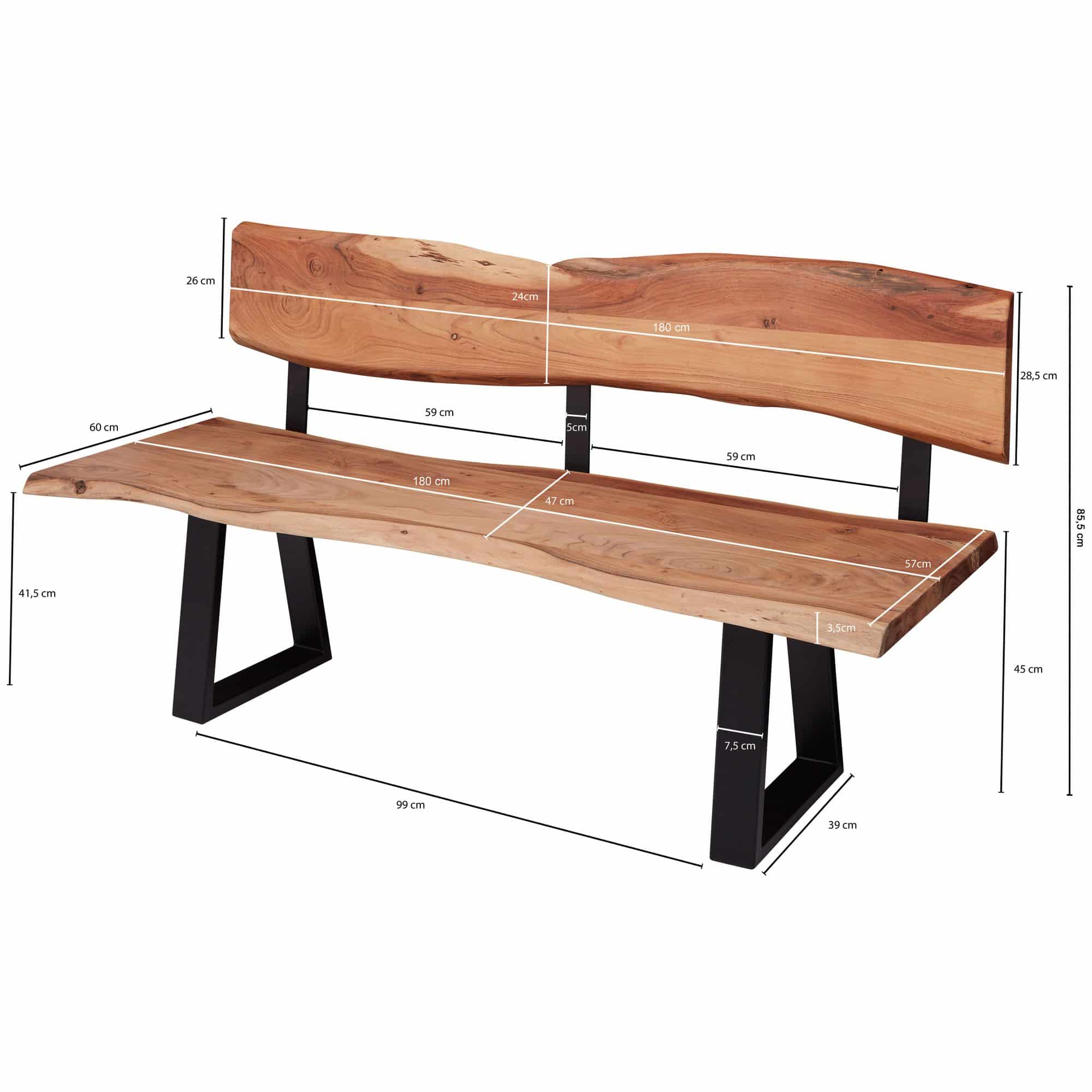 47356-WOHNLING-Esszimmerbank-GAYA-180x83-5x60-cm-Ak Esszimmerbank GAYA 180x85,5x60 cm Akazie Massivholz Bank mit Baumkante