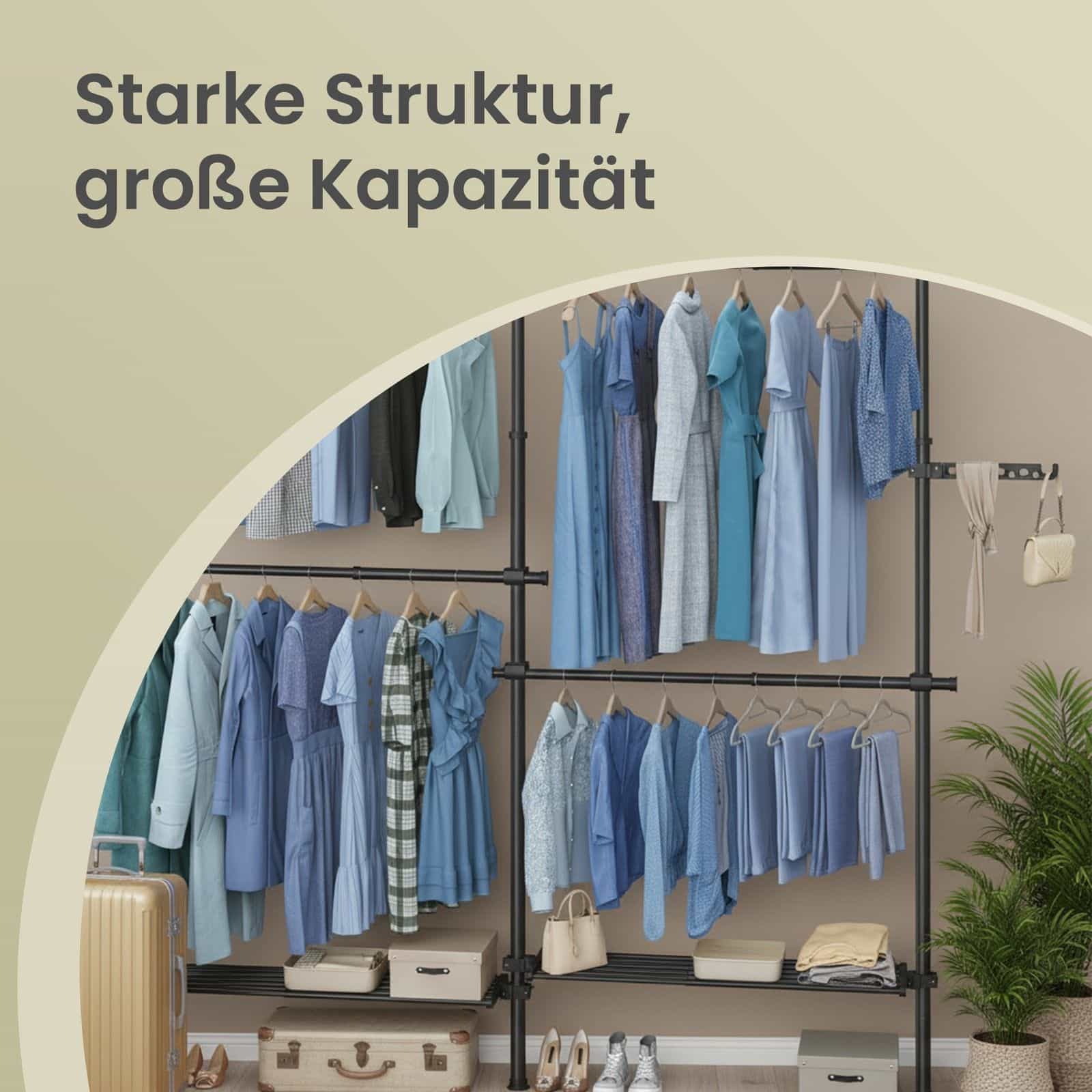 3-stufiger Kleiderständer, höhen- und breitenverstellbar, offene Garderobe mit 4 Kleiderstangen und 2 Ablagen 3-stufiger Kleiderständer, höhen- und breitenverstellbar, offene Garderobe mit 4 Kleiderstangen und 2 Ablagen