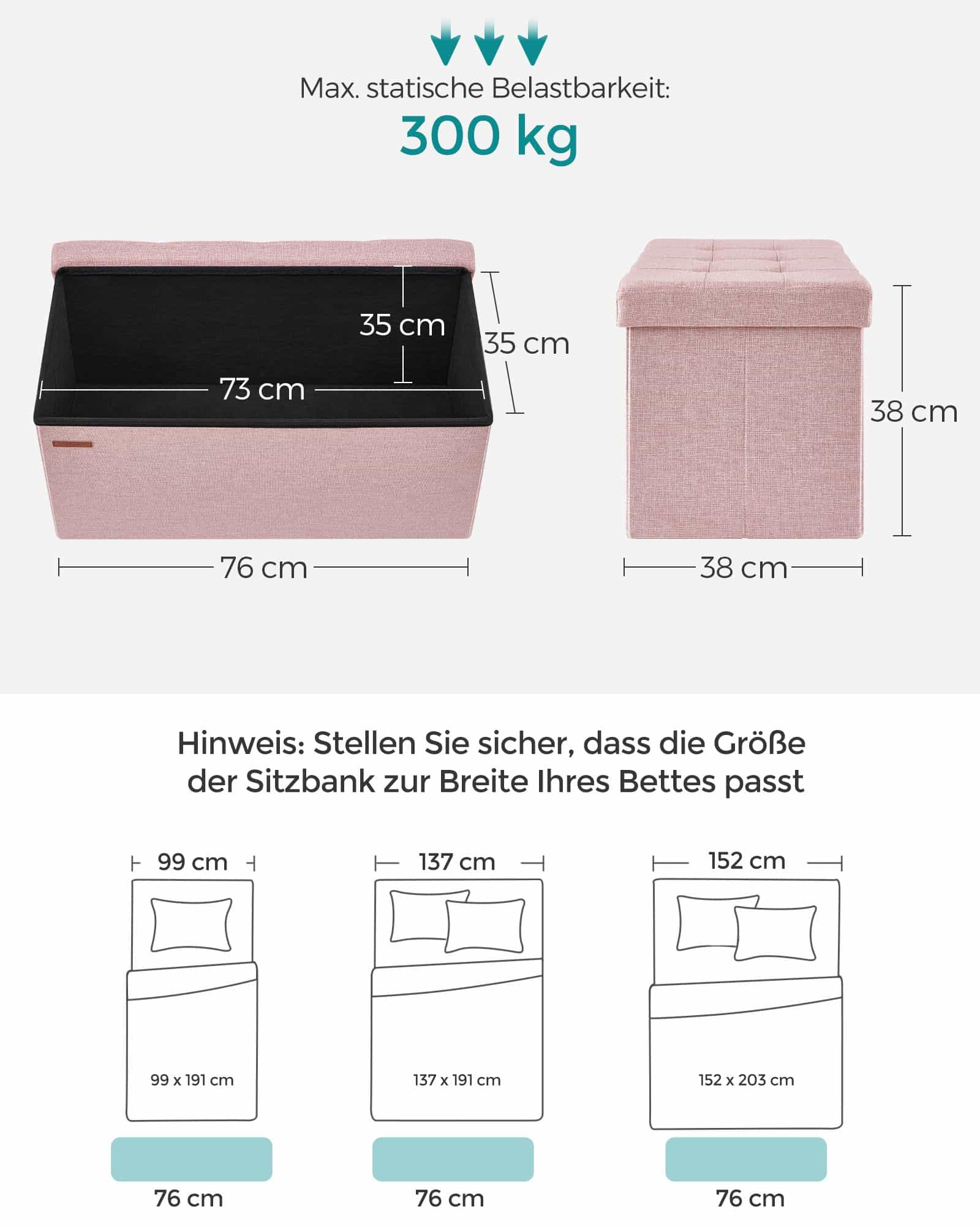 Sitzhocker mit Stauraum 38 x 76 x 38 cm pastellrosa