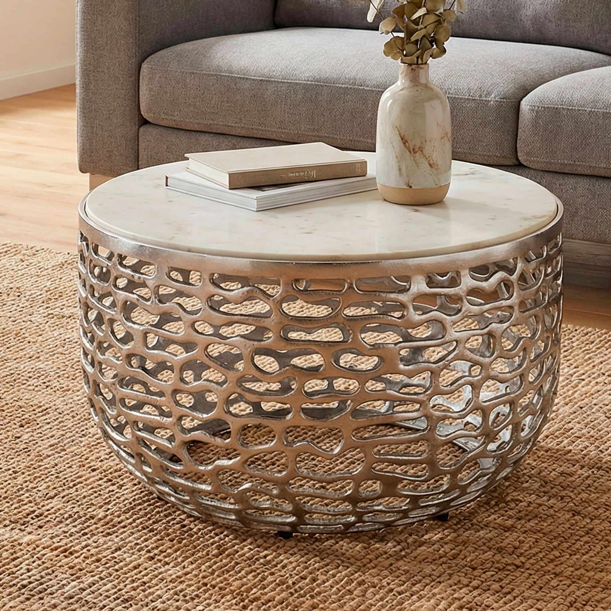 Design Metall Couchtisch Silber mit weißer Marmor Tischplatte 60 cm rund - Aluminium Wohnzimmertisch Modern - Loungetisch Alu Beistelltisch Wohnzimmer Handmade Design Metall Couchtisch Silber mit weißer Marmor Tischplatte 60 cm rund - Aluminium Wohnzimmertisch Modern - Loungetisch Alu Beistelltisch Wohnzimmer Handmade