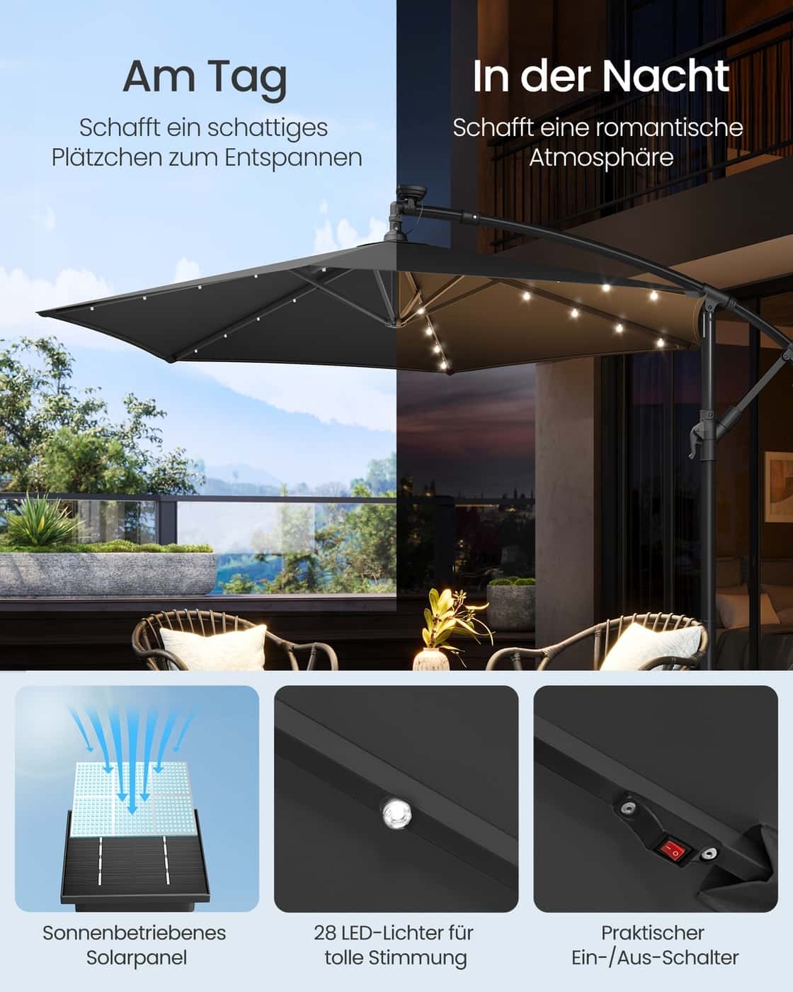 Sonnenschirm mit LED-Solar-Beleuchtung und Ständer