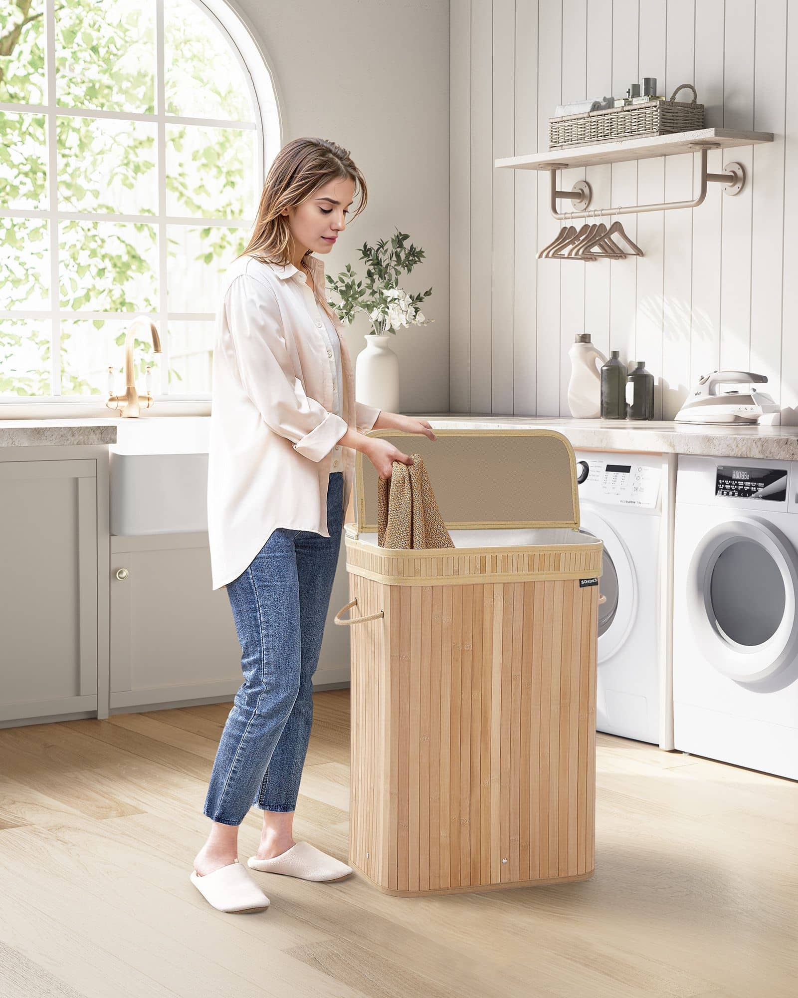 Wäschekorb mit Deckel aus Bambus 72 Liter naturbeige Wäschekorb mit Deckel aus Bambus 72 Liter naturbeige