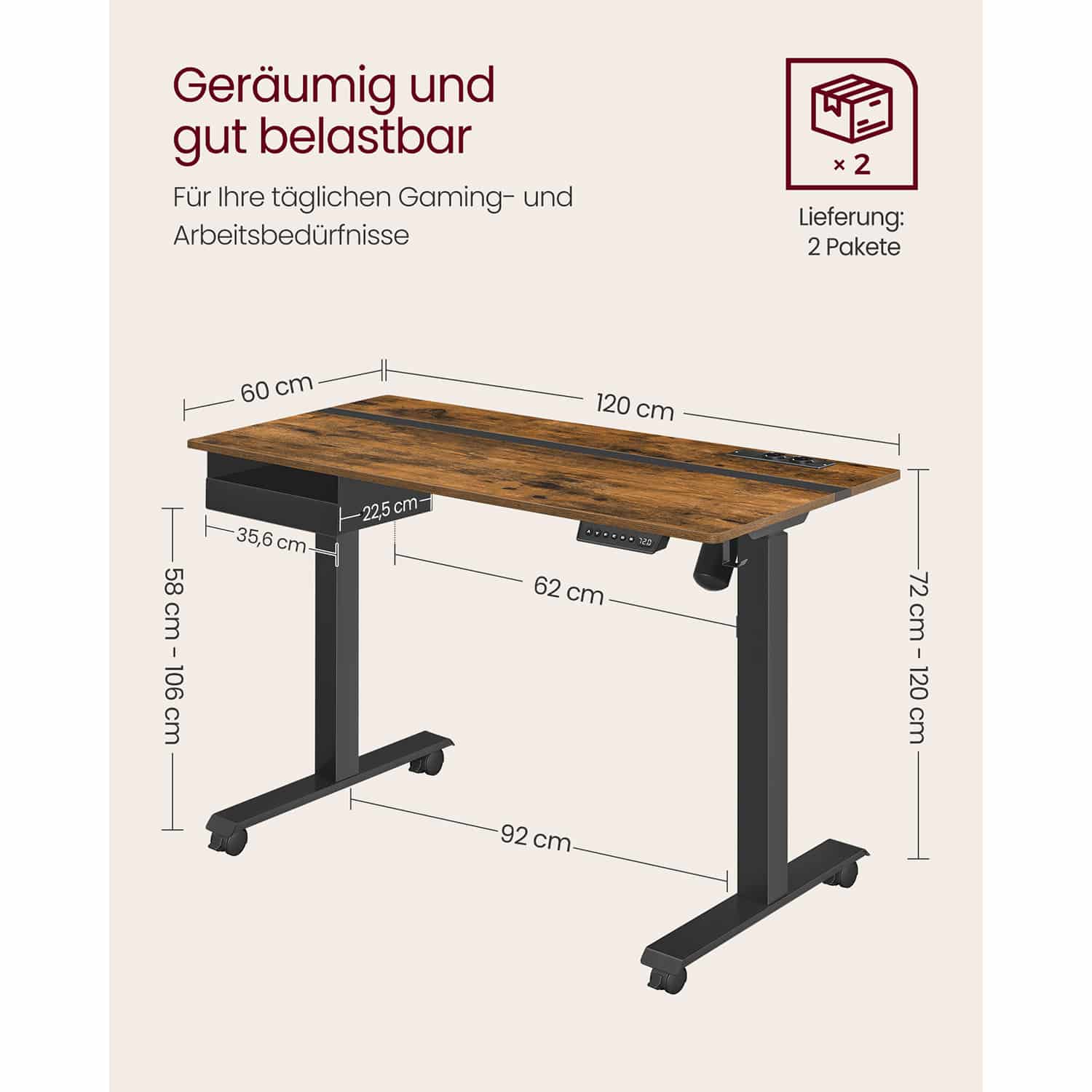 Höhenverstellbarer Schreibtisch 60 x 120 cm vintagebraun-schwarz-B34LSD112X01 Höhenverstellbarer Schreibtisch 60 x 120 cm vintagebraun-schwarz-B34LSD112X01