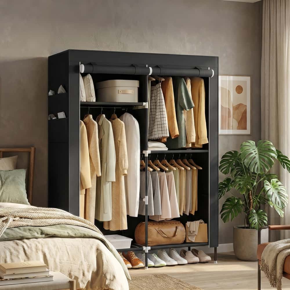 Stoffschrank mit Kleiderstange, Kleiderschrank mit Seitentaschen, Schrank für Schlafzimmer