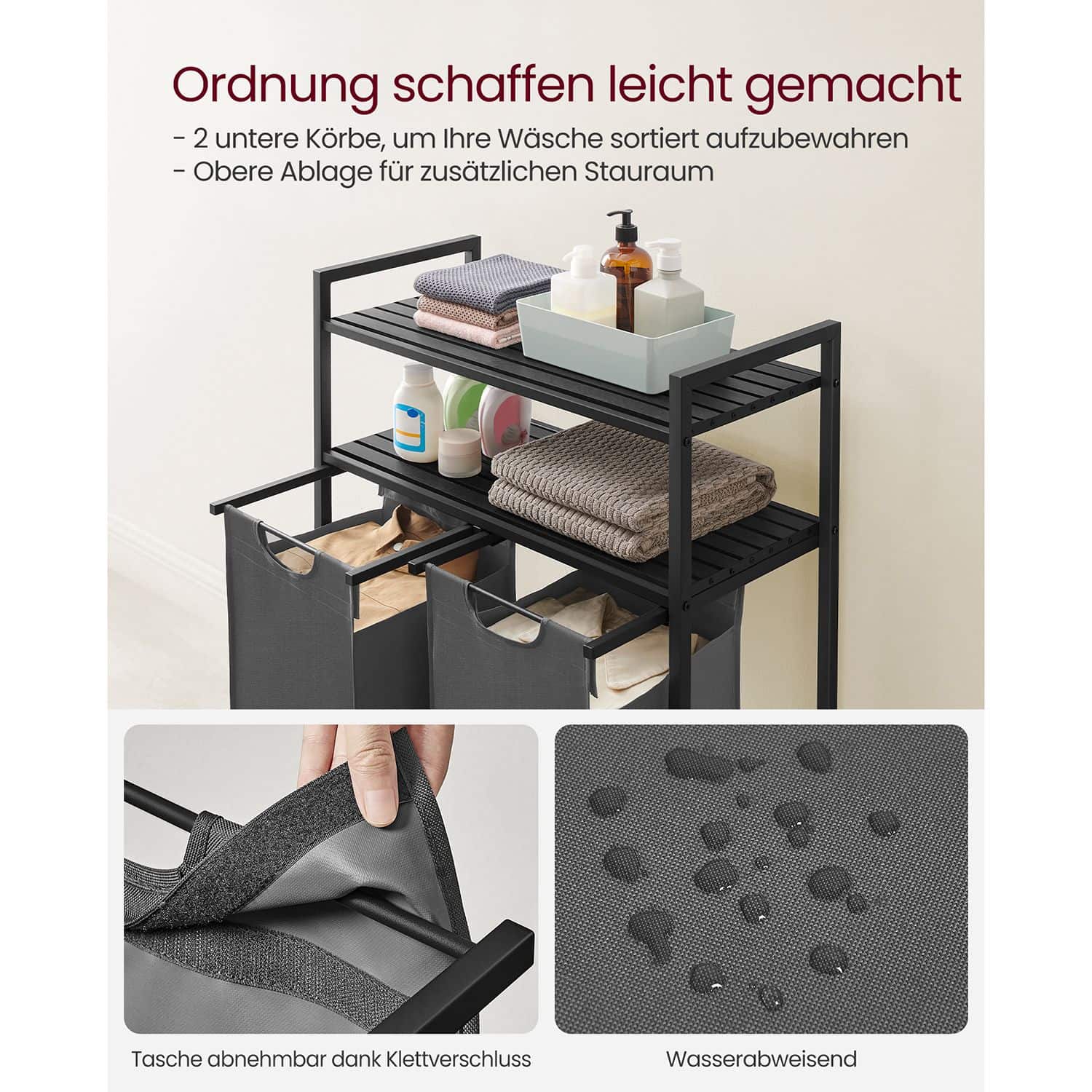 Wäschekorb 2 x 46 L mit 2 Ablagen schwarz-grau-B34BLH211G01 Wäschekorb 2 x 46 L mit 2 Ablagen schwarz-grau-B34BLH211G01