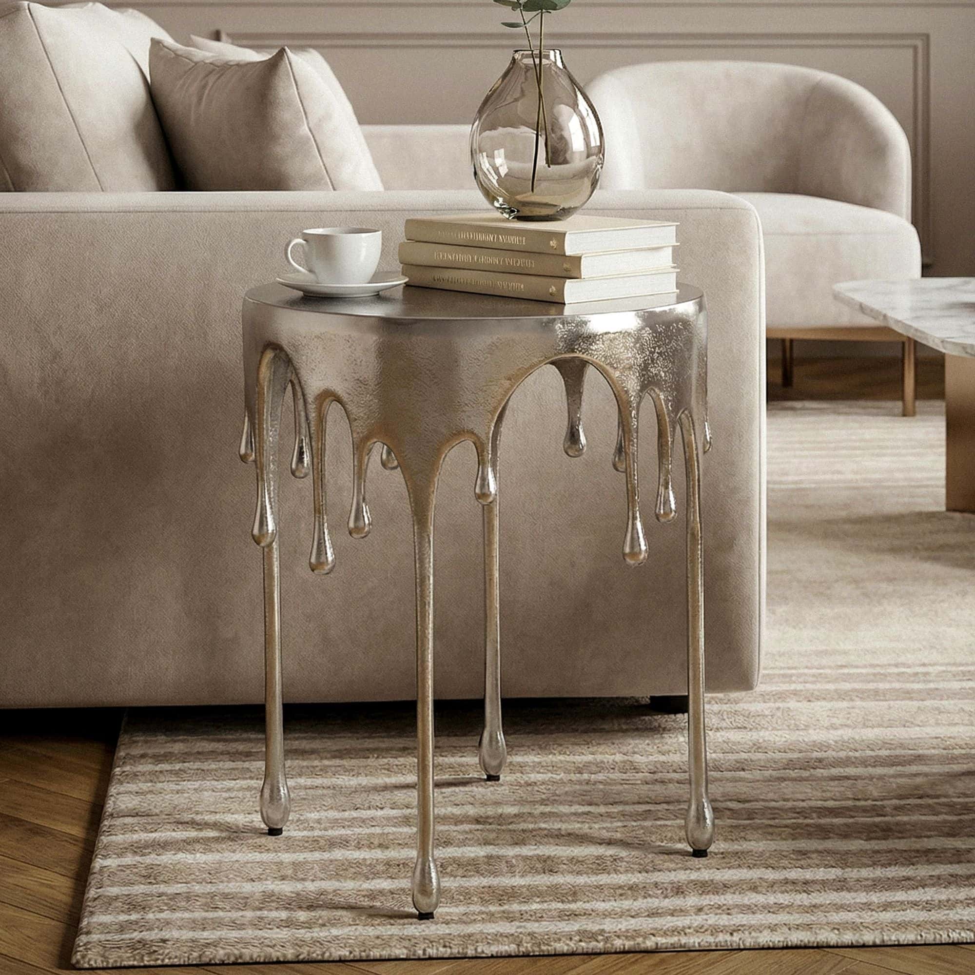 Beistelltisch Silber 43cm Aluminium Tisch Rund - Design Anstelltisch Alu Modern - Wohnzimmertisch Metall Tropfen - Metalltisch Dekotisch Couchtisch Handmade