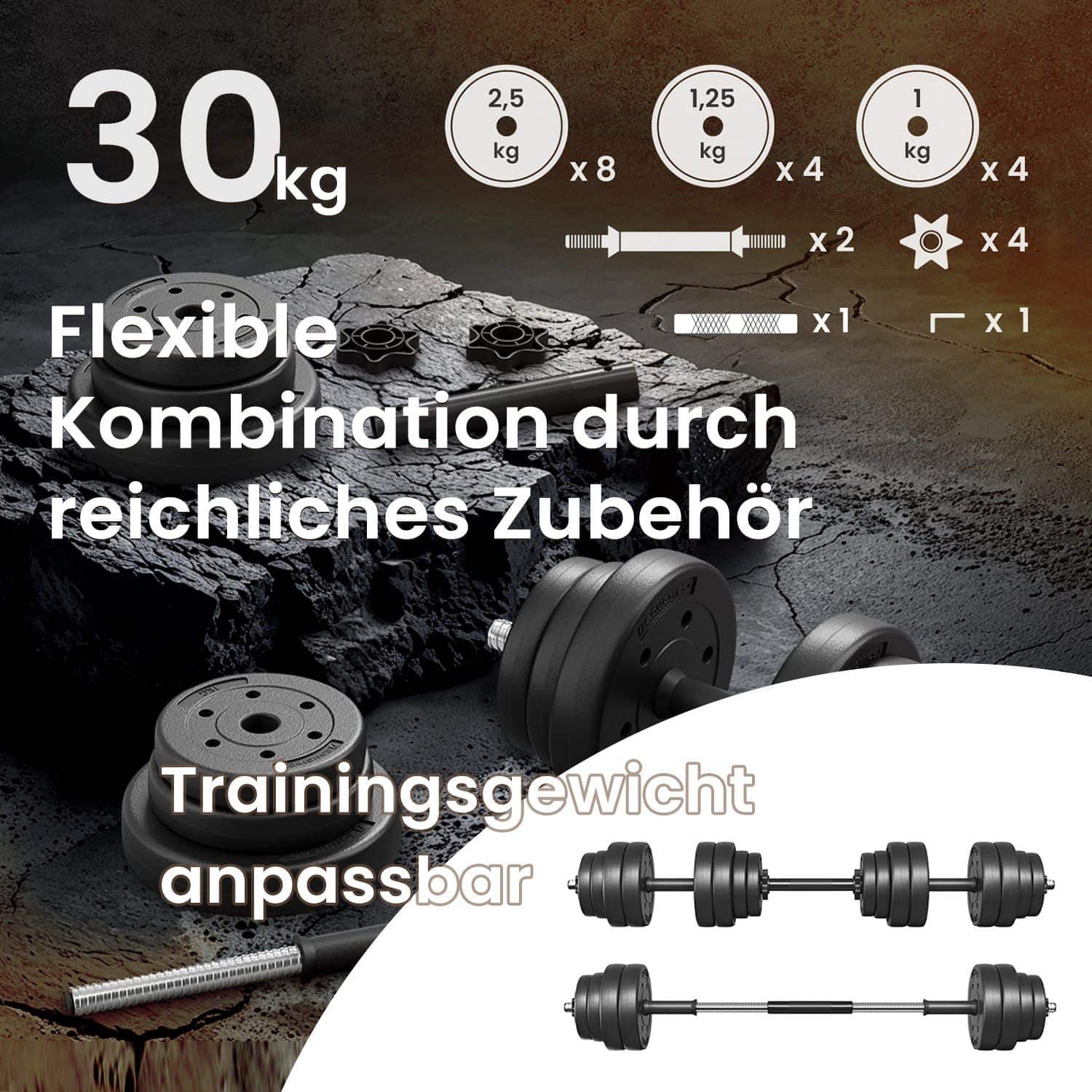2-in-1-Hanteln, Hantelset mit Verbindungsstahlrohr, 2 x 15 kg, tintenschwarz