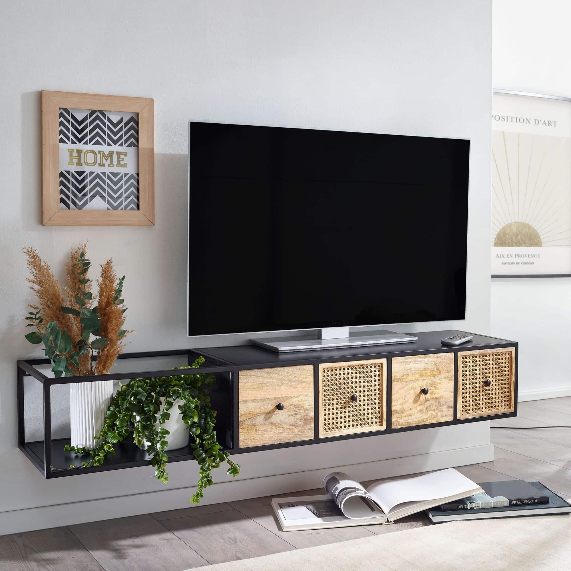 67860-Wohnling-TV-Konsole-haengend-150x35x25-cm-WL6-588-2 Lowboard Hängend Mango Massivholz / Metall 150x25x35 cm TV-Schrank Schwarz