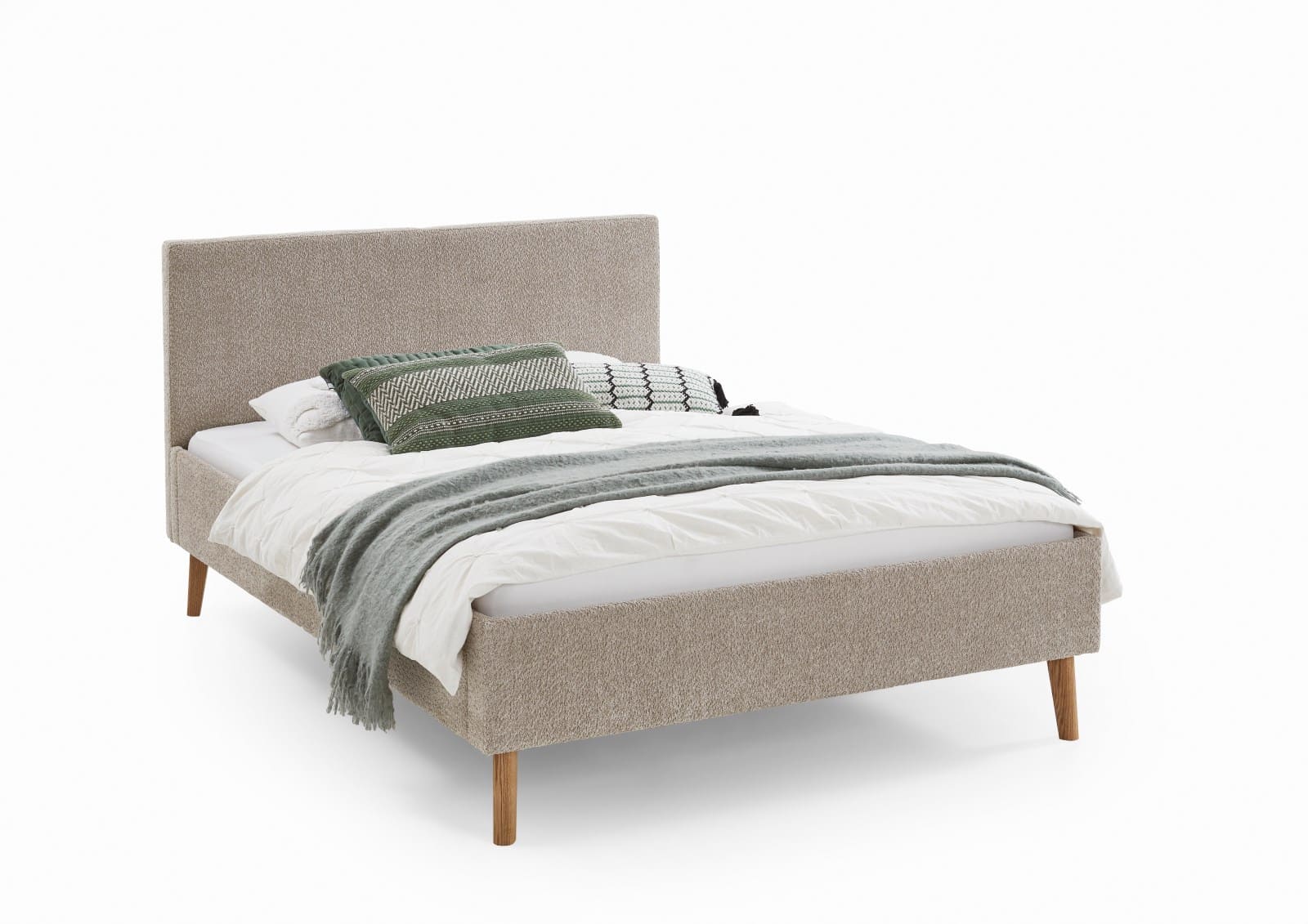 Polsterbett Kreta by Meise – Modernes Bettgestell mit Stoffbezug in Taupe, Kopfteil glatt, Holzfüße eichenfarbig, 140x200 cm Polsterbett Kreta by Meise – Modernes Bettgestell mit Stoffbezug in Taupe, Kopfteil glatt, Holzfüße eichenfarbig, 140x200 cm