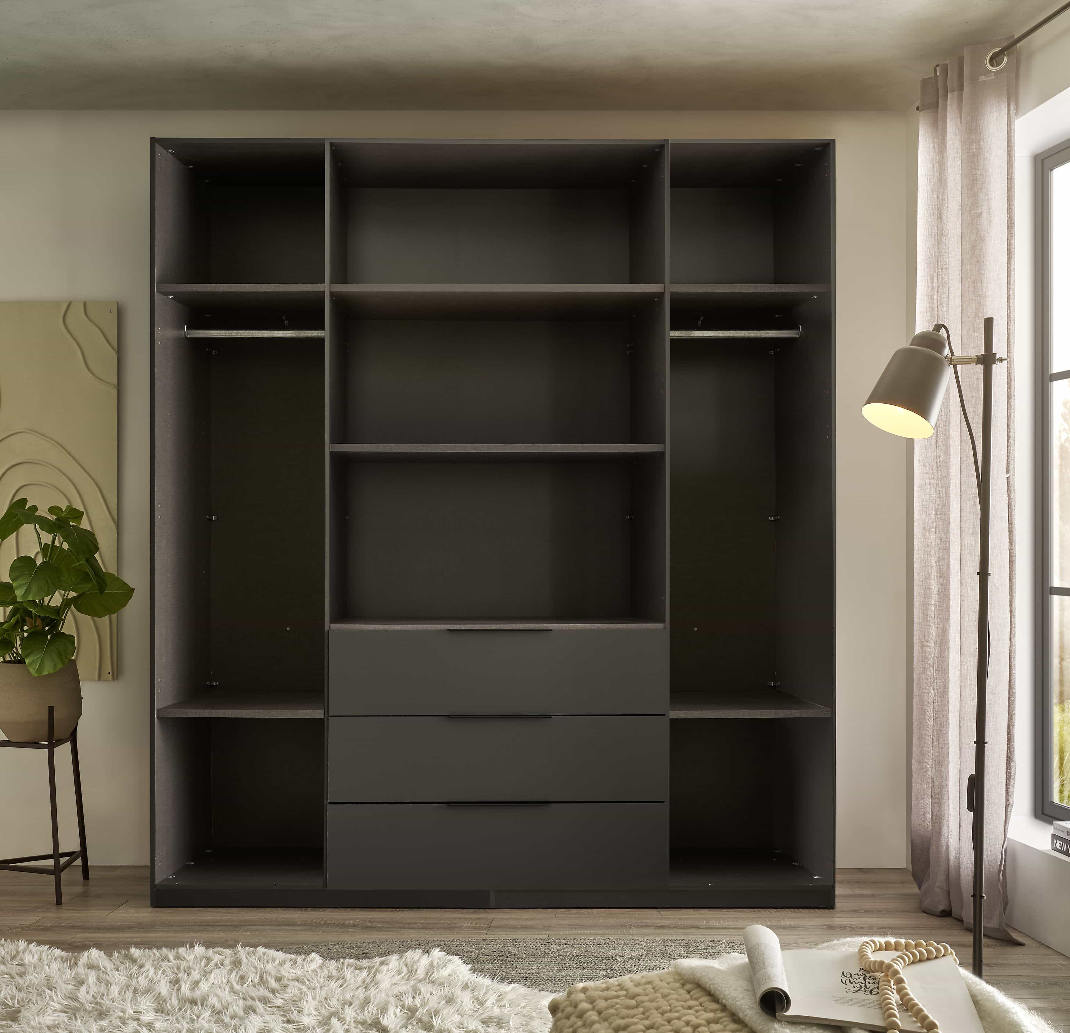 Kleiderschrank Nuka 200x225 cm – moderner Schrank in Graphit/Hellgrau mit 4 Türen & 3 Schubladen Kleiderschrank Nuka 200x225 cm – moderner Schrank in Graphit/Hellgrau mit 4 Türen & 3 Schubladen