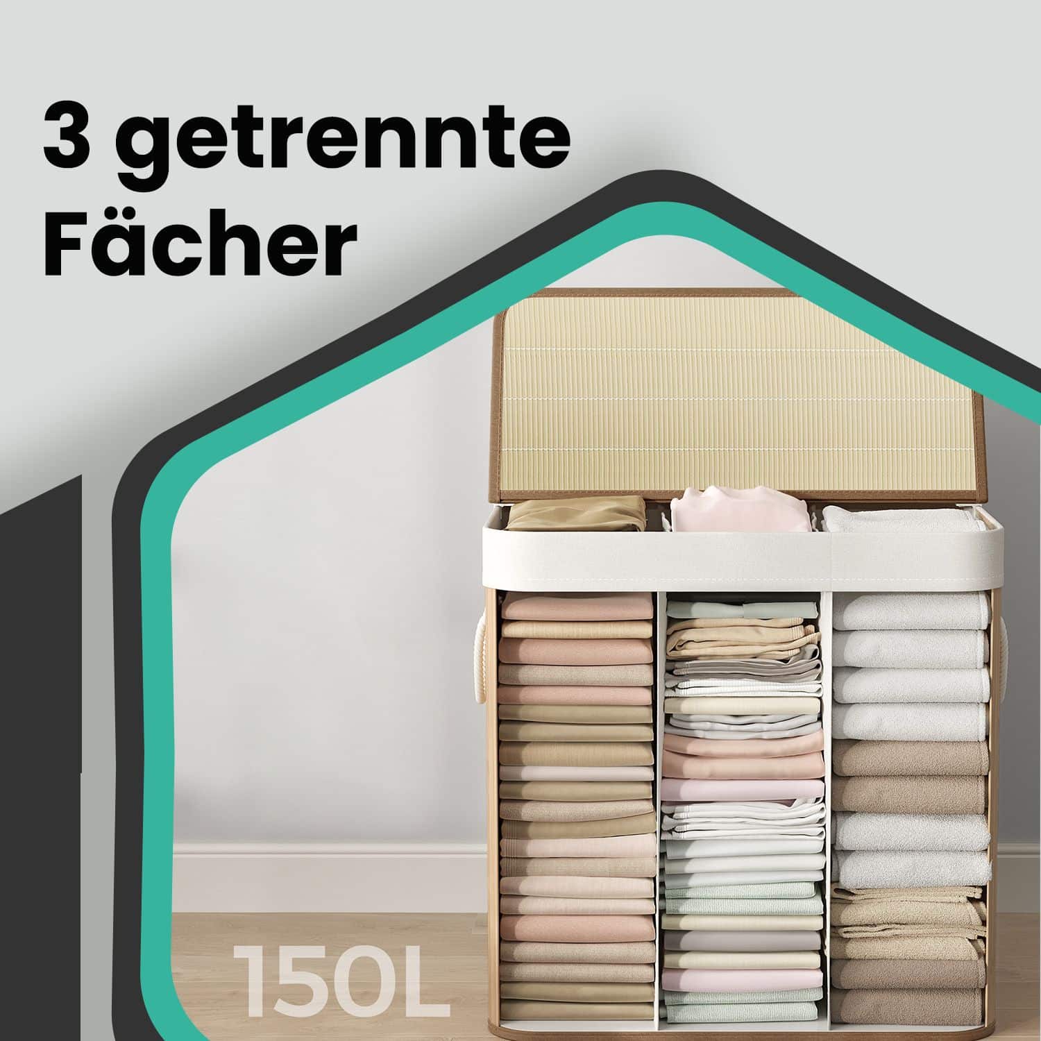 Wäschekorb, Wäschesammler 150 L, 3 Fächer