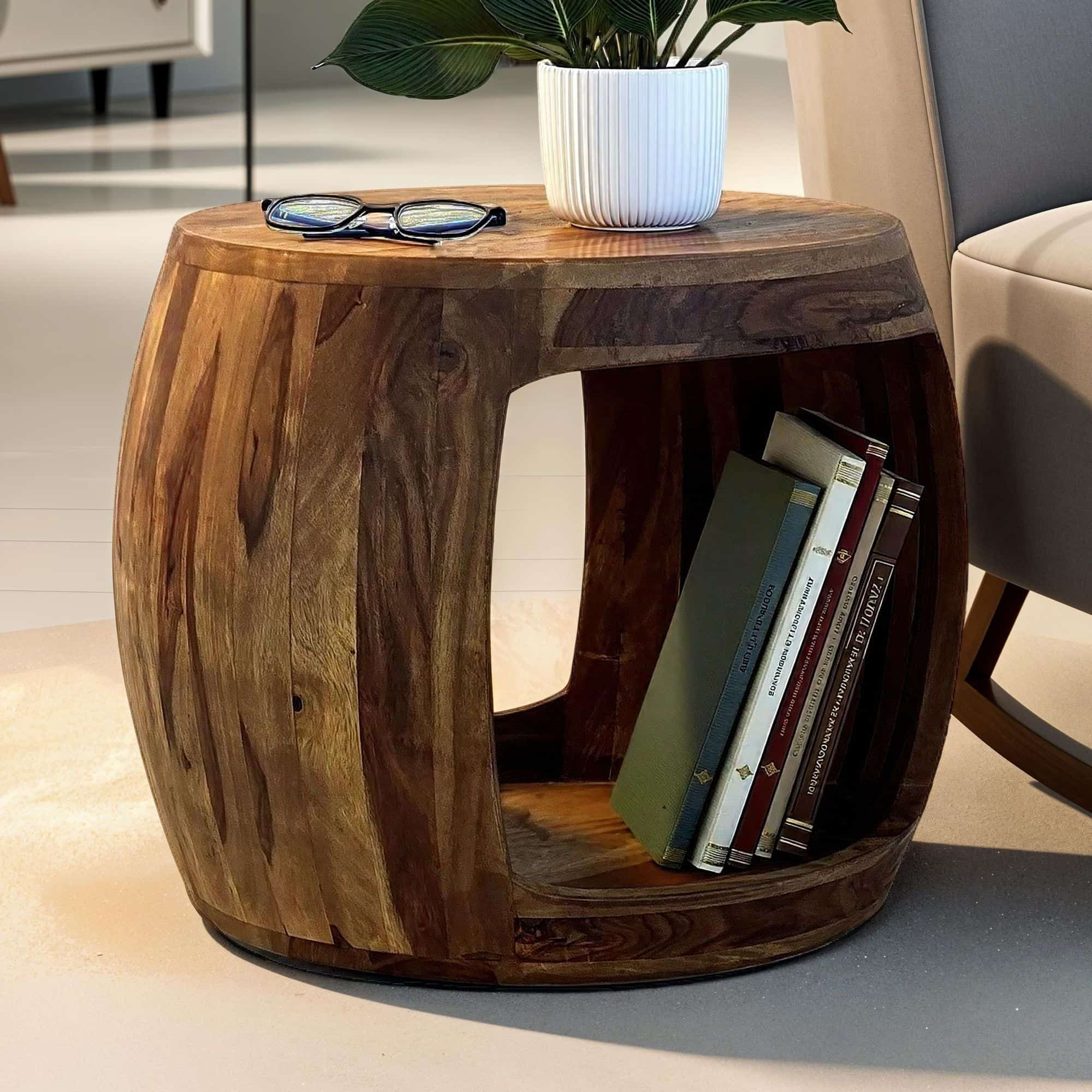 Beistelltisch Ø 50cm Sheesham Massivholz rund mit Ablagefach – Couchtisch Echtholz handgefertigt