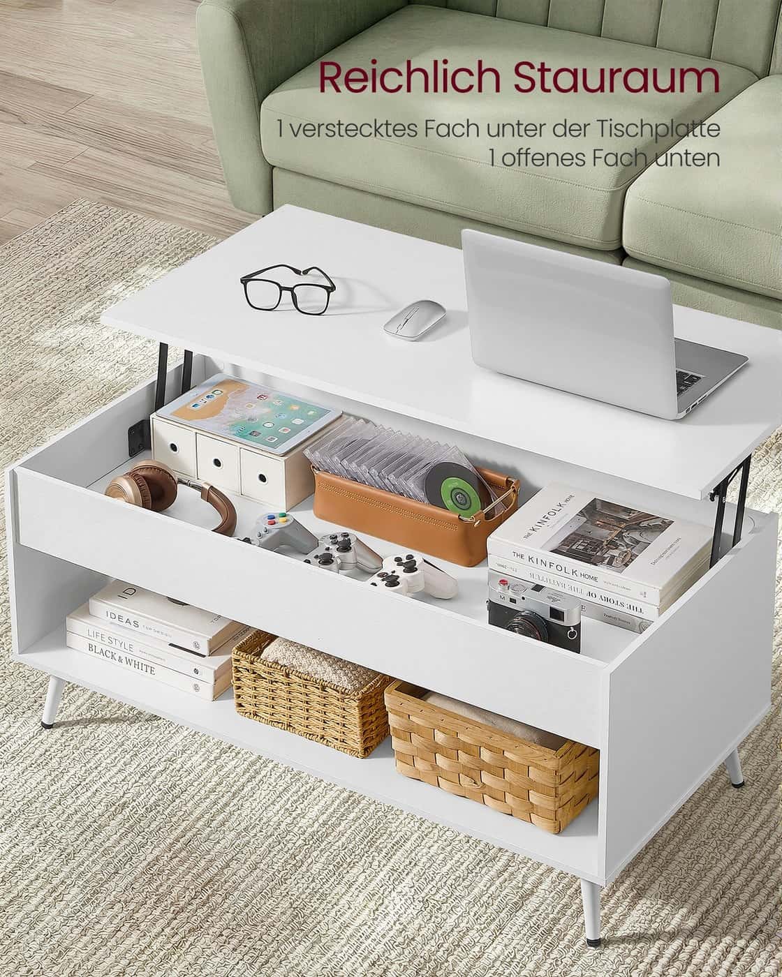 Couchtisch mit verstellbarer Platte und verstecktem Fach schneeweiß-mattweiß