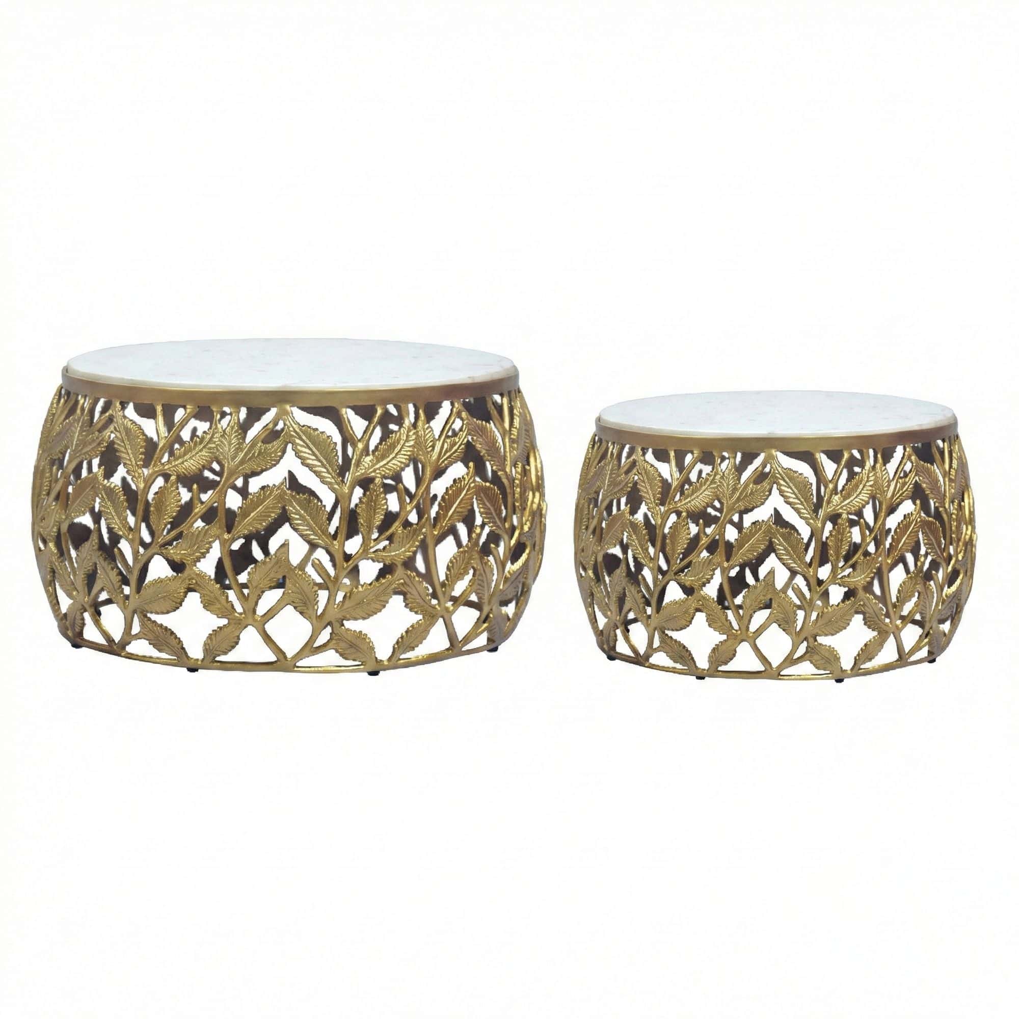 2er Set Couchtisch Gold mit weißer Marmor Tischplatte - Wohnzimmer Tisch Satztisch rund - Beistelltisch Alu modern - Sofatisch Set Aluminium Metallgestell Design Handmade