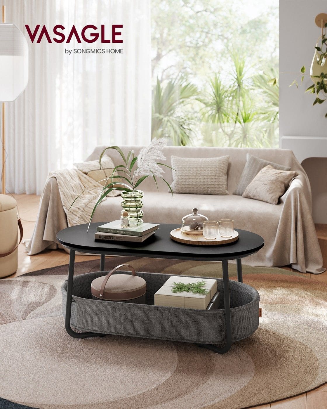 Couchtisch oval mit Stauraum und Stoffkorb Tintenschwarz-Schiefergrau Couchtisch oval mit Stauraum und Stoffkorb Tintenschwarz-Schiefergrau